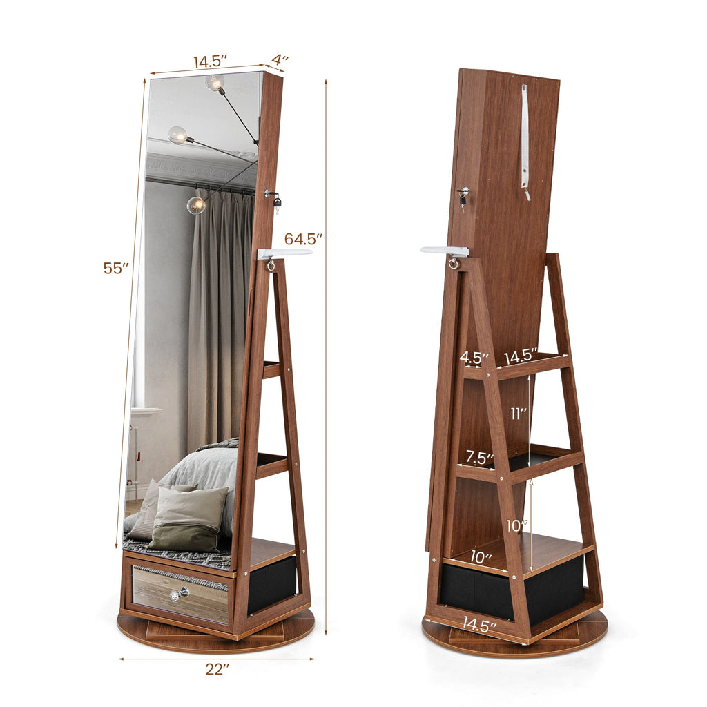 Lockable 360° Swivel Jewelry Cabinet with Full-Length Mirror LED Lights