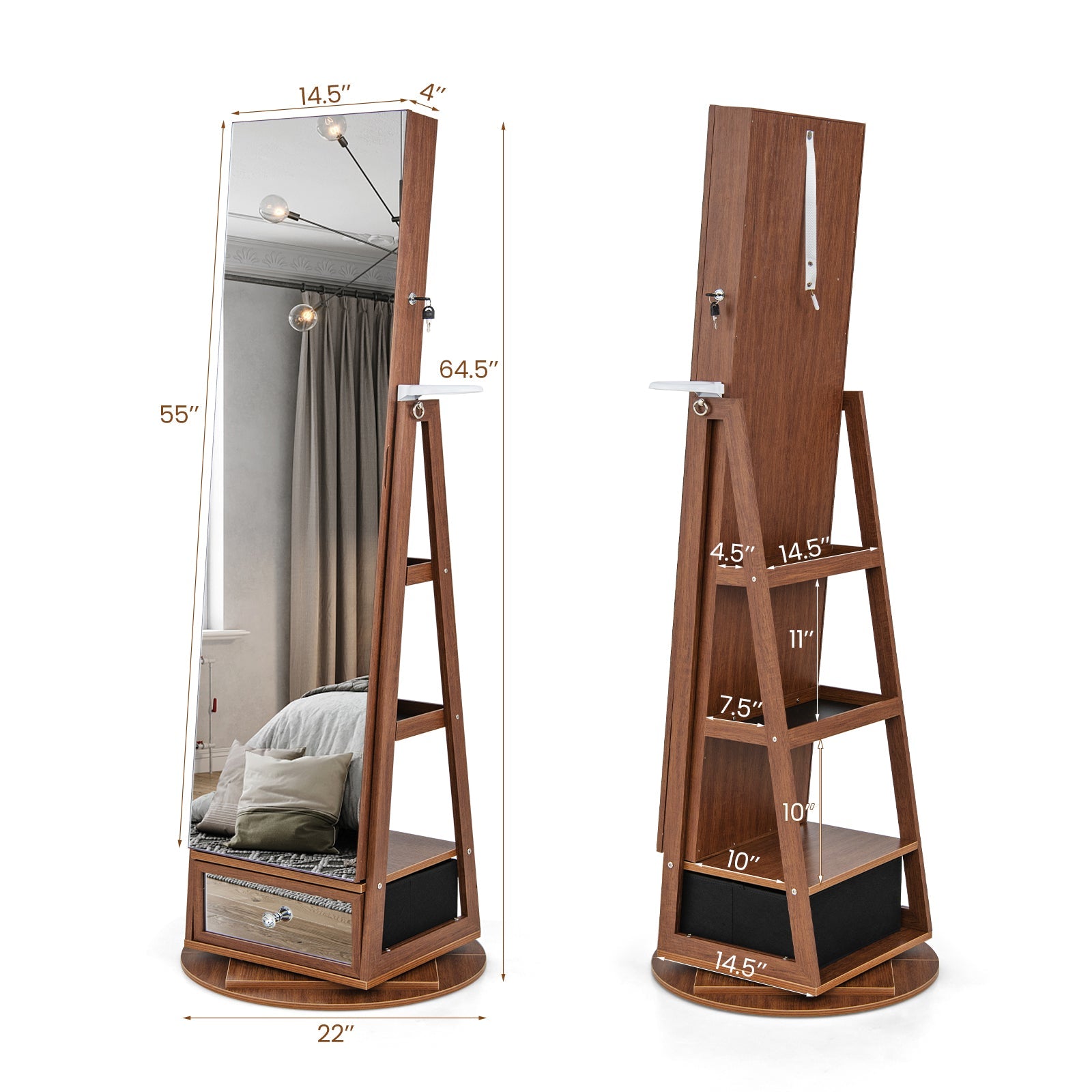 Lockable 360° Swivel Jewelry Cabinet with Full-Length Mirror LED Lights
