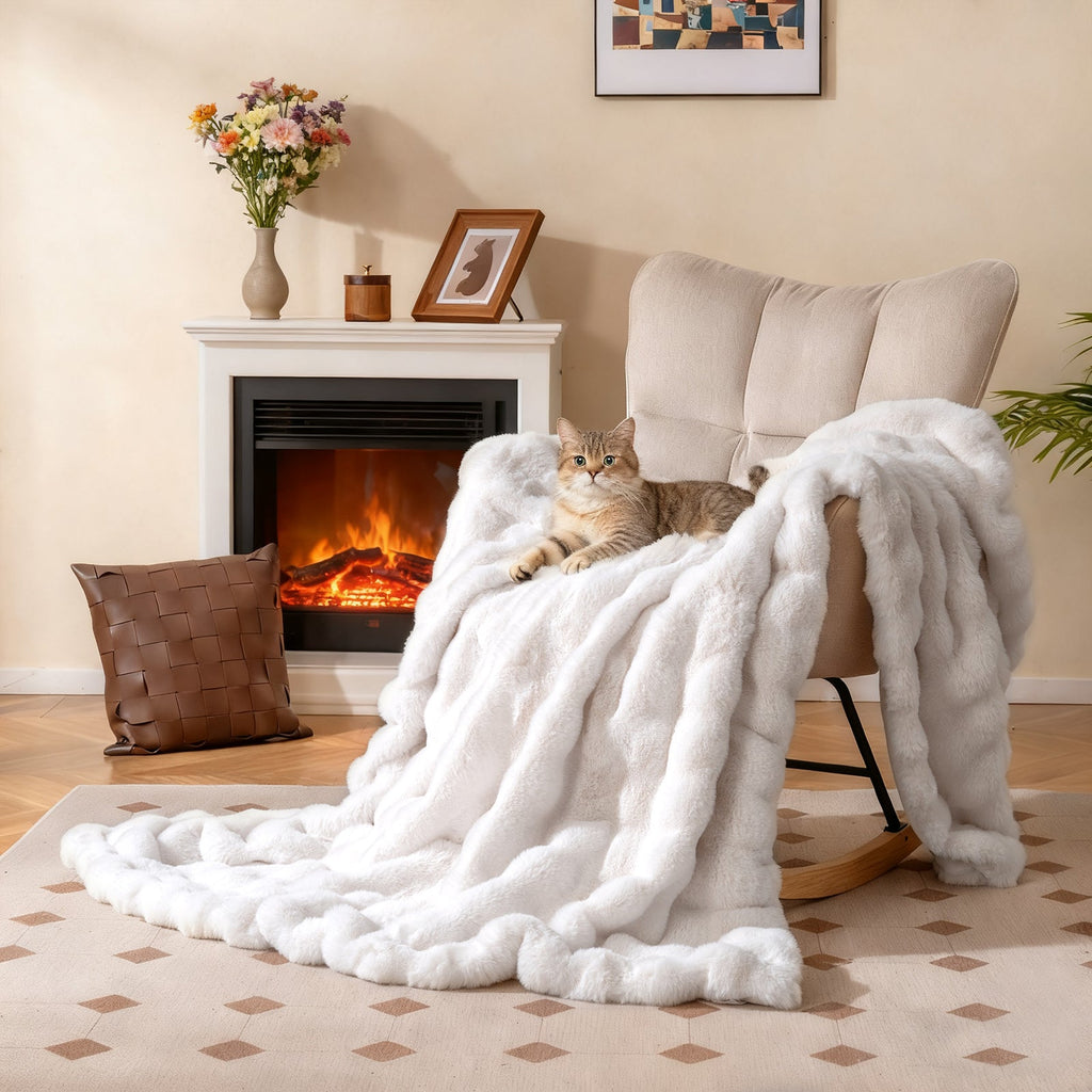 Luxury Fuzzy Plush Rabbit Fur Bubble Blanket for Armchair