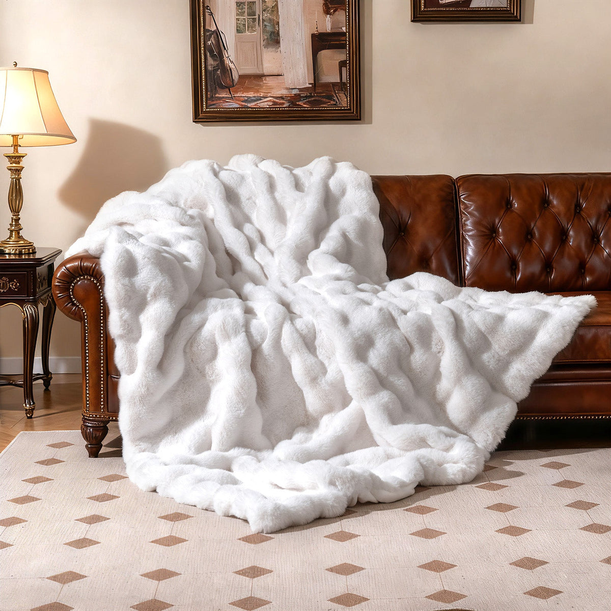 Luxury Fuzzy Plush Rabbit Fur Bubble Blanket for Armchair