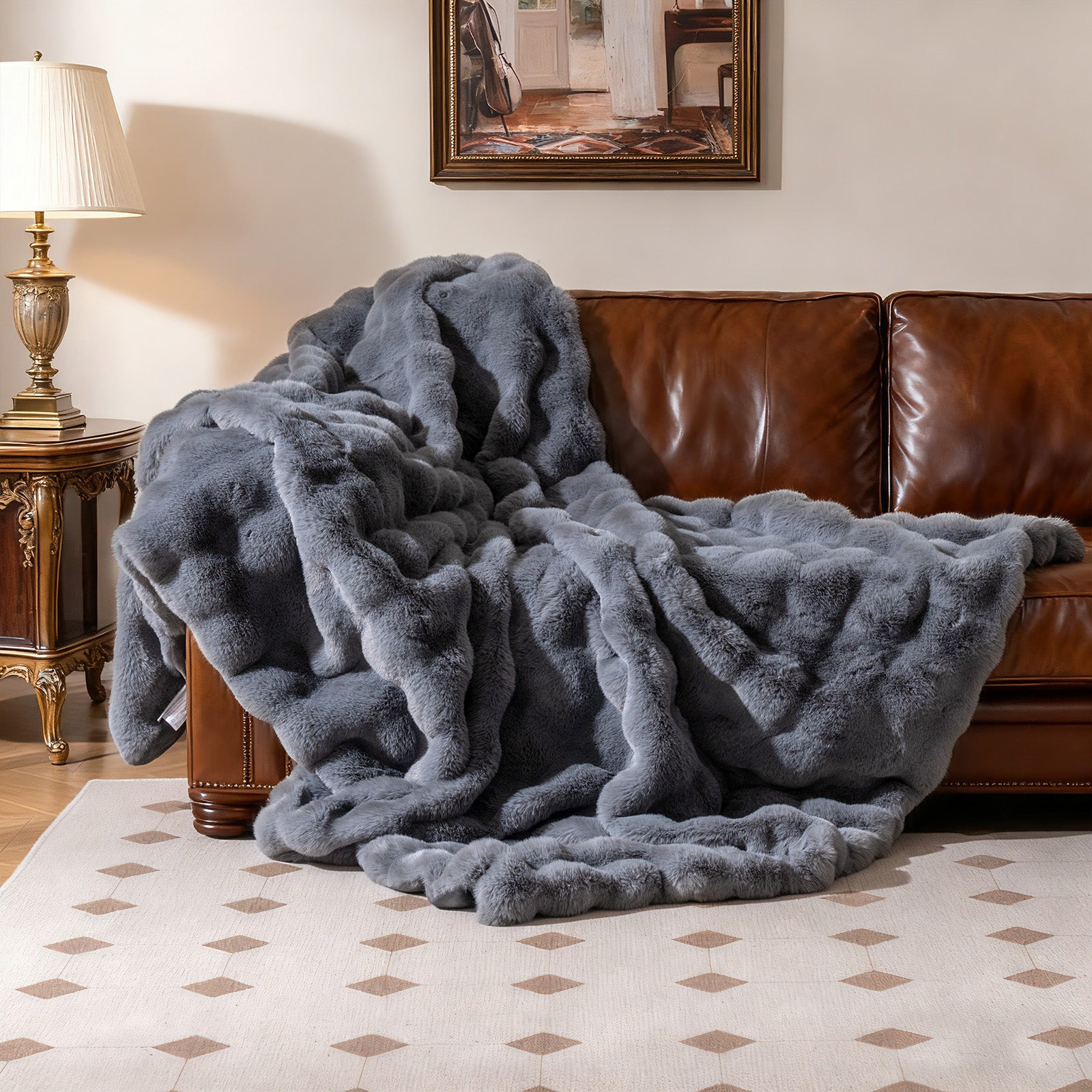 Luxury Fuzzy Plush Rabbit Fur Bubble Blanket for Armchair