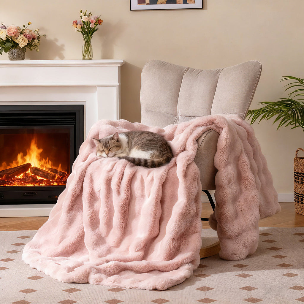Luxury Fuzzy Plush Rabbit Fur Bubble Blanket for Armchair