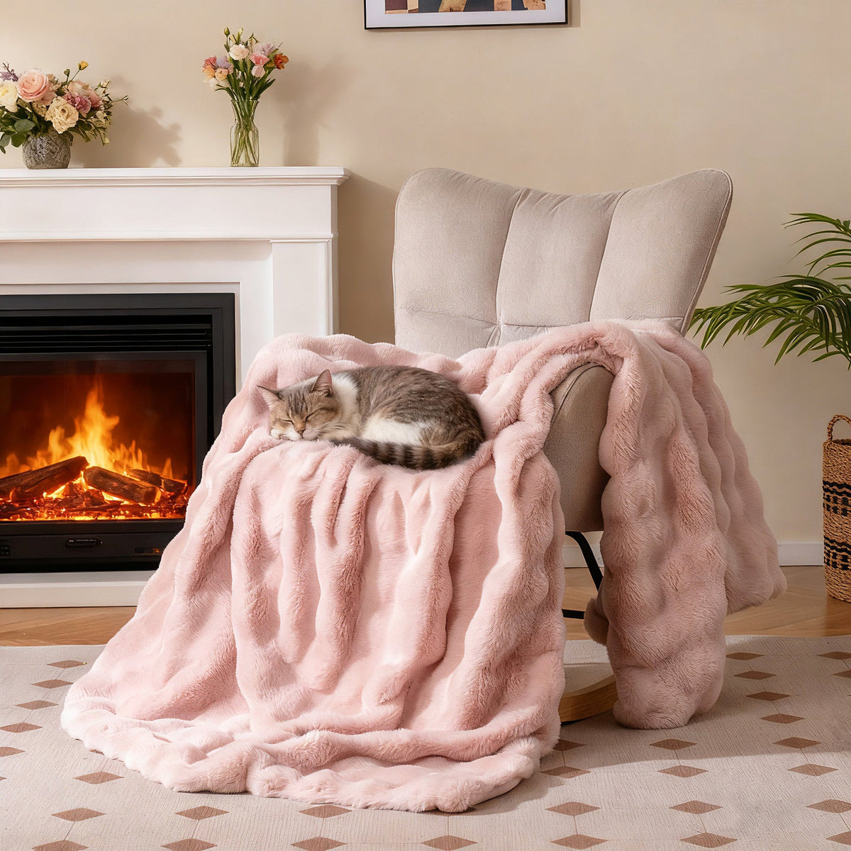 Luxury Fuzzy Plush Rabbit Fur Bubble Blanket for Armchair