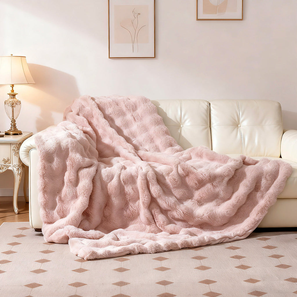 Luxury Fuzzy Plush Rabbit Fur Bubble Blanket for Armchair