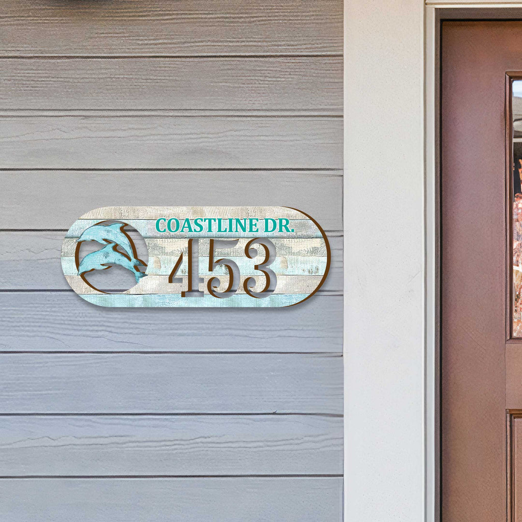 Handcrafted Coastal Dolphins Address Sign – Custom House Number & Street Name Plaque – Horizontal Address Plaque for Porch or Entryway MA989812-2