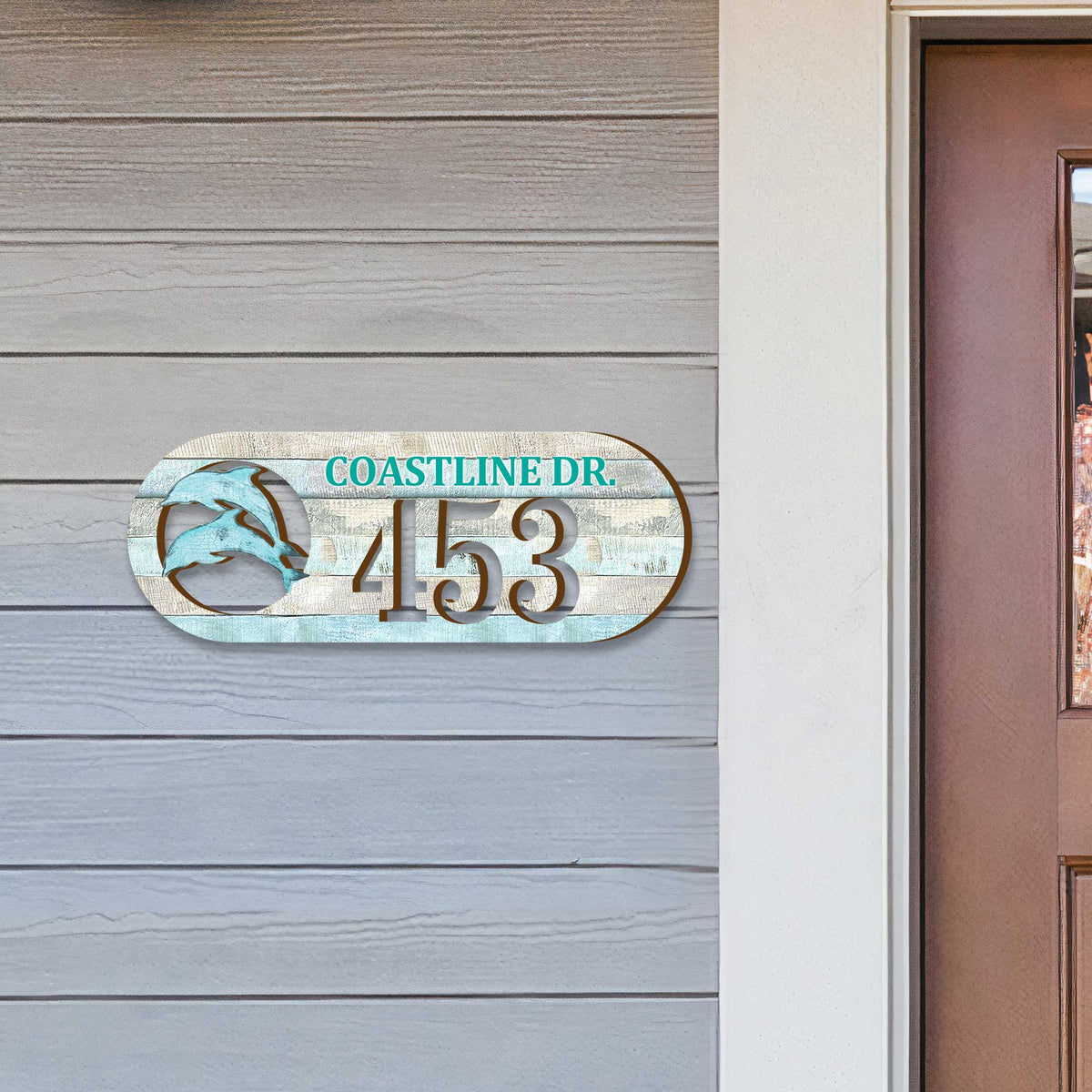 Handcrafted Coastal Dolphins Address Sign – Custom House Number & Street Name Plaque – Horizontal Address Plaque for Porch or Entryway MA989812-2