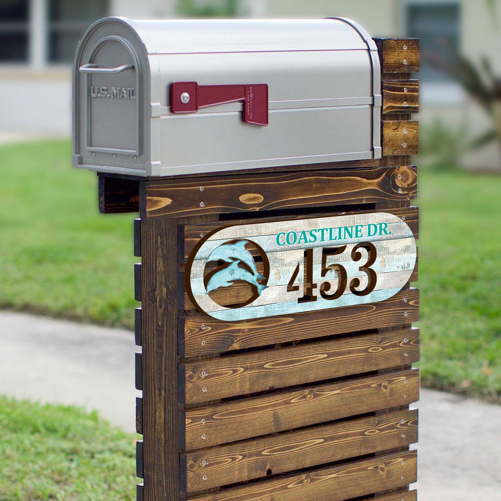Handcrafted Coastal Dolphins Address Sign – Custom House Number & Street Name Plaque – Horizontal Address Plaque for Porch or Entryway MA989812-2