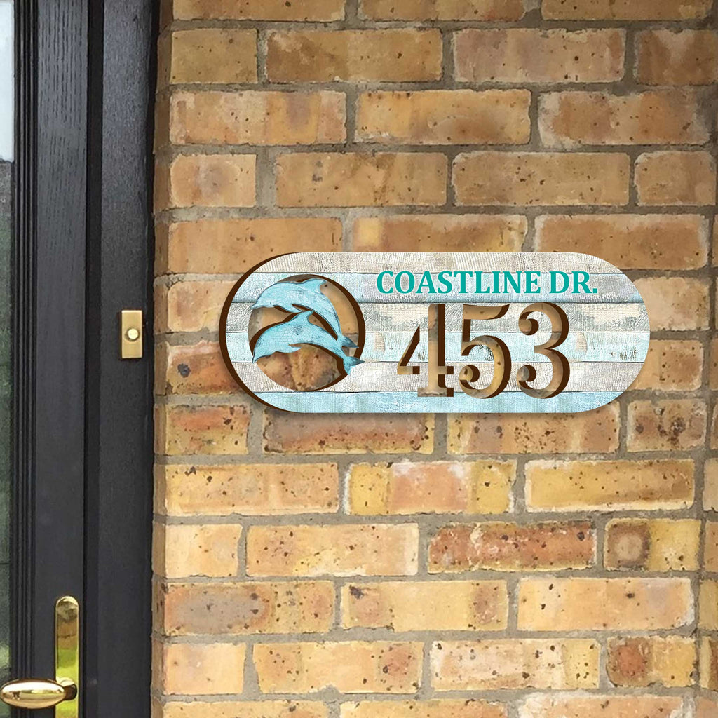 Handcrafted Coastal Dolphins Address Sign – Custom House Number & Street Name Plaque – Horizontal Address Plaque for Porch or Entryway MA989812-2