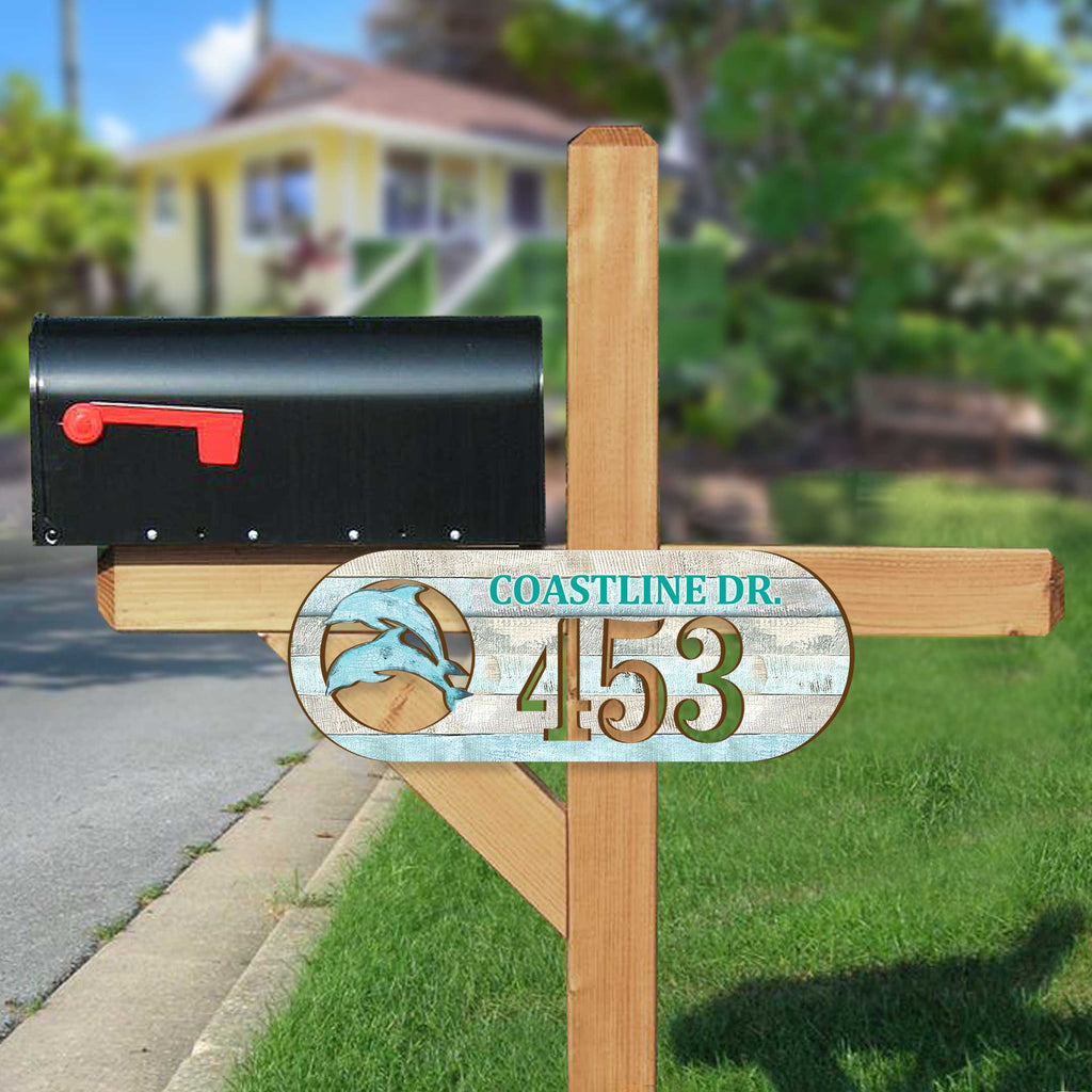 Handcrafted Coastal Dolphins Address Sign – Custom House Number & Street Name Plaque – Horizontal Address Plaque for Porch or Entryway MA989812-2