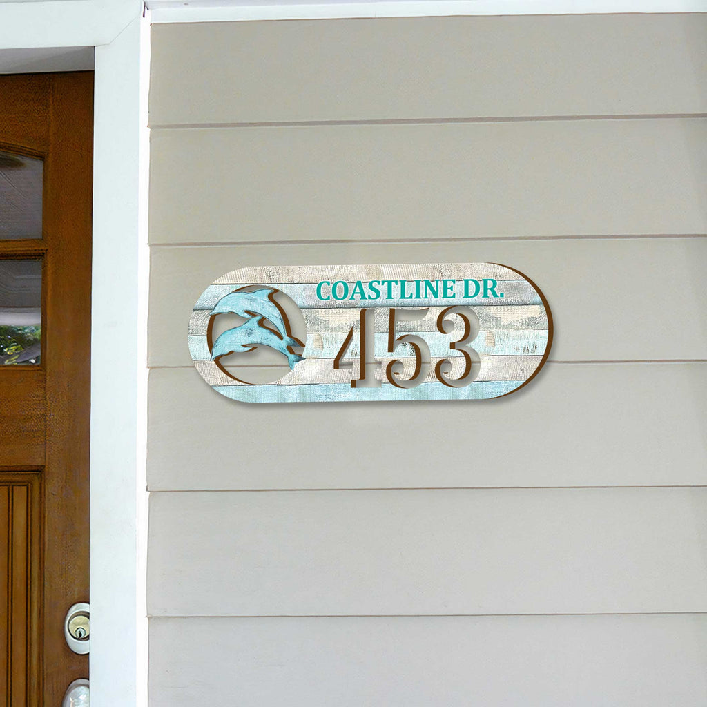 Handcrafted Coastal Dolphins Address Sign – Custom House Number & Street Name Plaque – Horizontal Address Plaque for Porch or Entryway MA989812-2