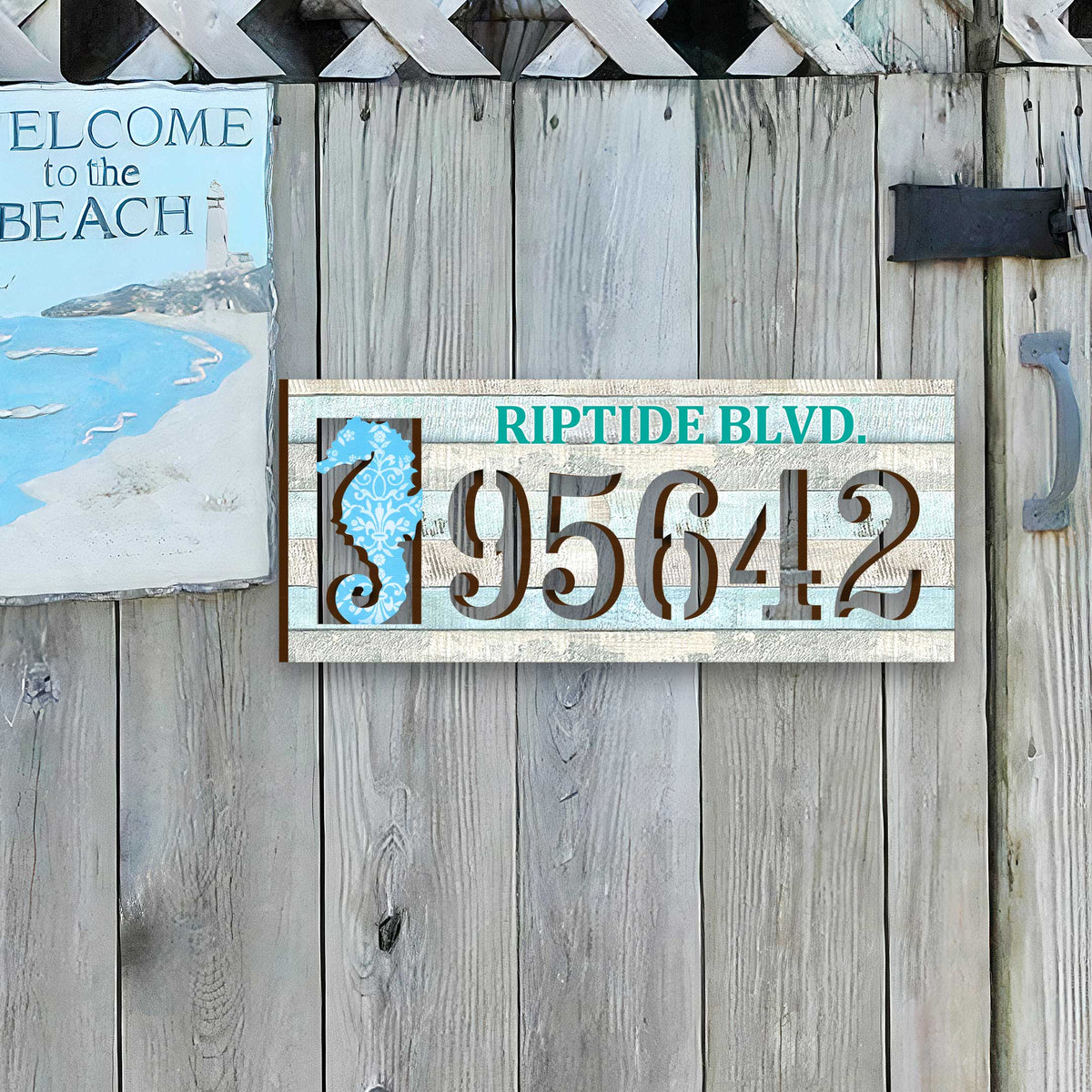 Handcrafted Seahorse Nautical Address Sign – Custom House Number & Street Name Plaque – Horizontal Address Plaque for Porch or Entryway MA989814-2