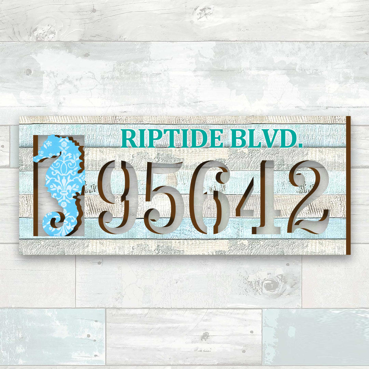 Handcrafted Seahorse Nautical Address Sign – Custom House Number & Street Name Plaque – Horizontal Address Plaque for Porch or Entryway MA989814-2