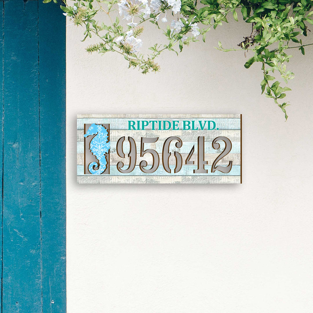 Handcrafted Seahorse Nautical Address Sign – Custom House Number & Street Name Plaque – Horizontal Address Plaque for Porch or Entryway MA989814-2