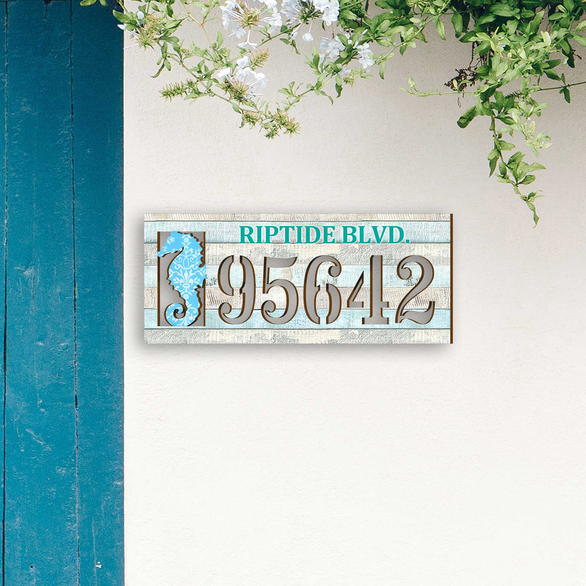 Handcrafted Seahorse Nautical Address Sign – Custom House Number & Street Name Plaque – Horizontal Address Plaque for Porch or Entryway MA989814-2