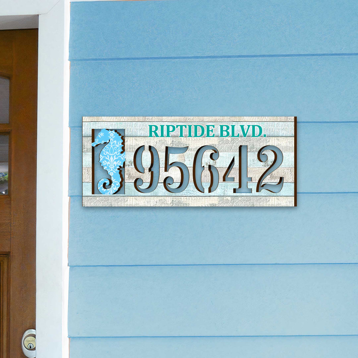 Handcrafted Seahorse Nautical Address Sign – Custom House Number & Street Name Plaque – Horizontal Address Plaque for Porch or Entryway MA989814-2