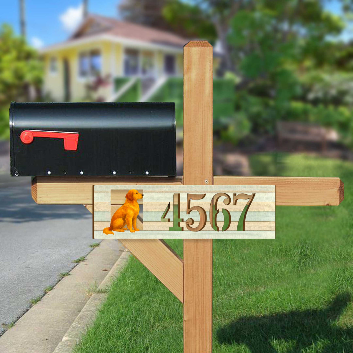 Handcrafted Golden Dog House Number Sign – Custom Home Handcrafted Wooden Address Sign MA989827