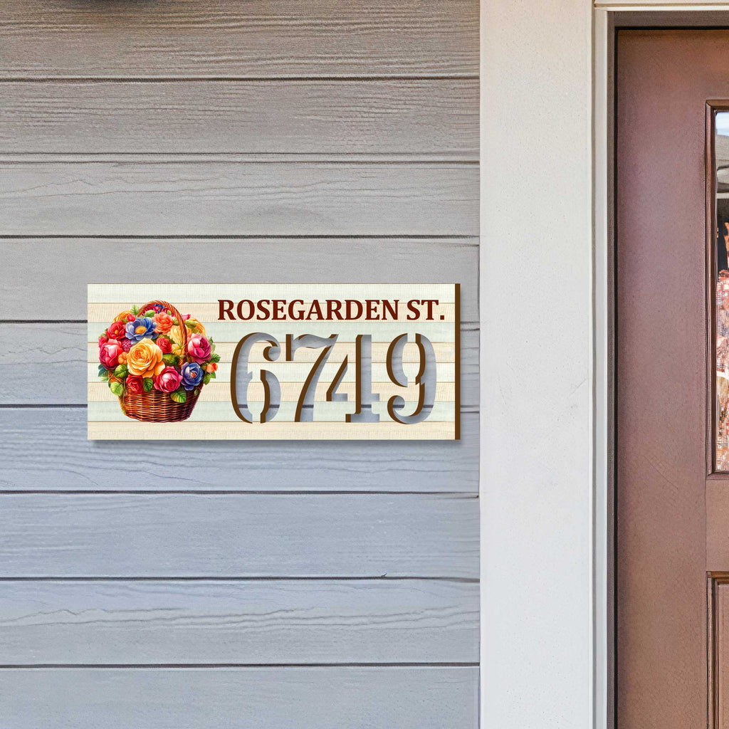 Handcrafted Floral Basket Address Sign – Custom House Number & Street Name Plaque – Horizontal Address Plaque for Porch or Entryway MA989832-2