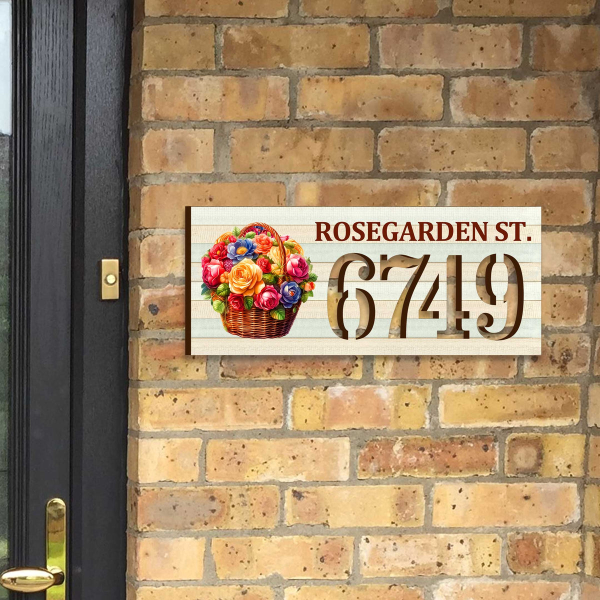 Handcrafted Floral Basket Address Sign – Custom House Number & Street Name Plaque – Horizontal Address Plaque for Porch or Entryway MA989832-2