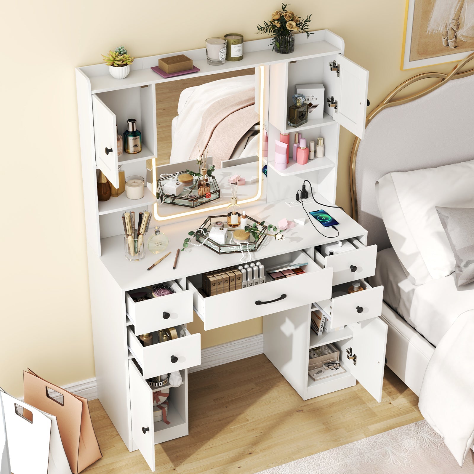 Makeup Vanity Desk with Lighted Mirror and Charging Station-White