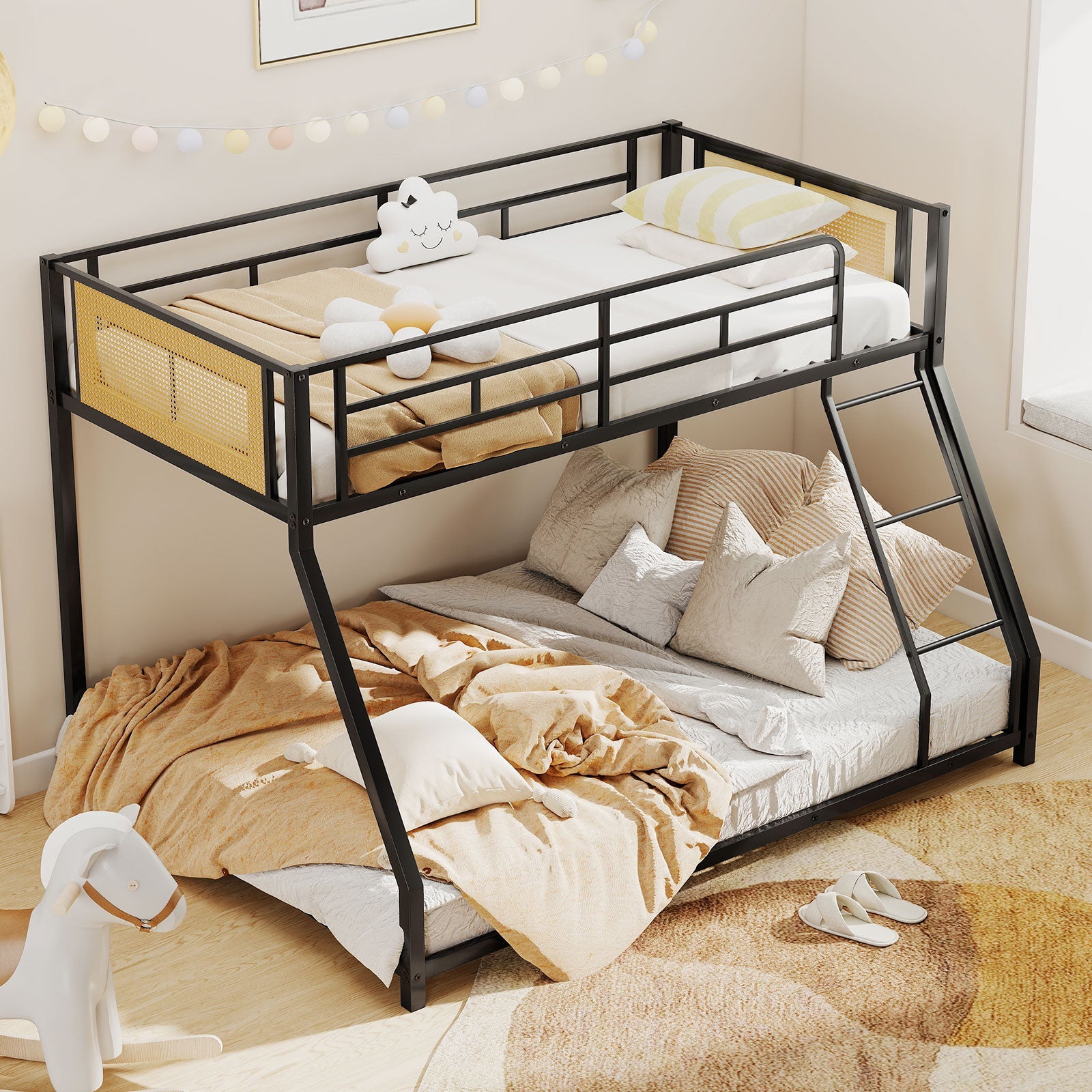 Metal Bunk Bed Twin Over Full with Full Length Safety Guardrail and Ramp Ladder