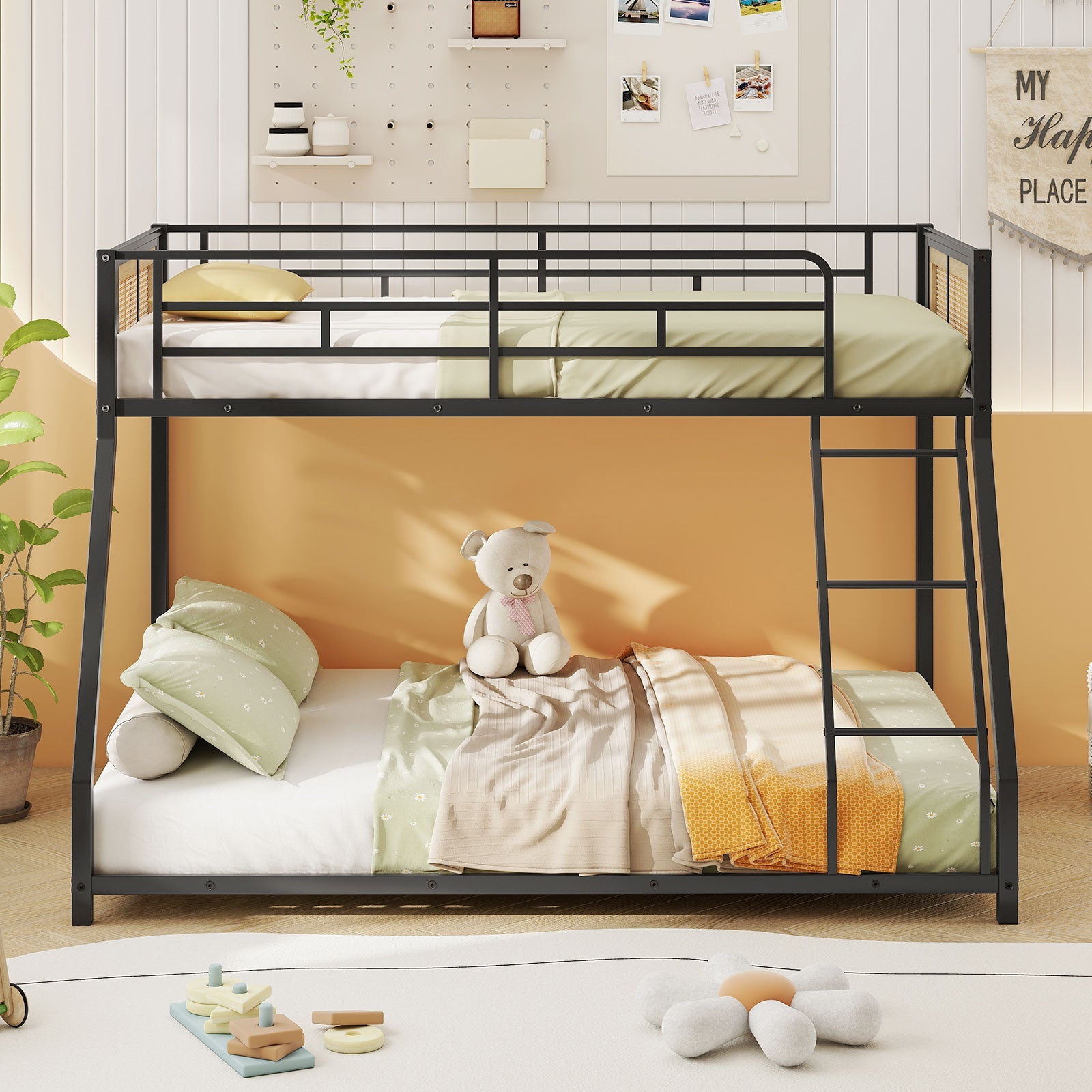 Metal Bunk Bed Twin Over Full with Full Length Safety Guardrail and Ramp Ladder