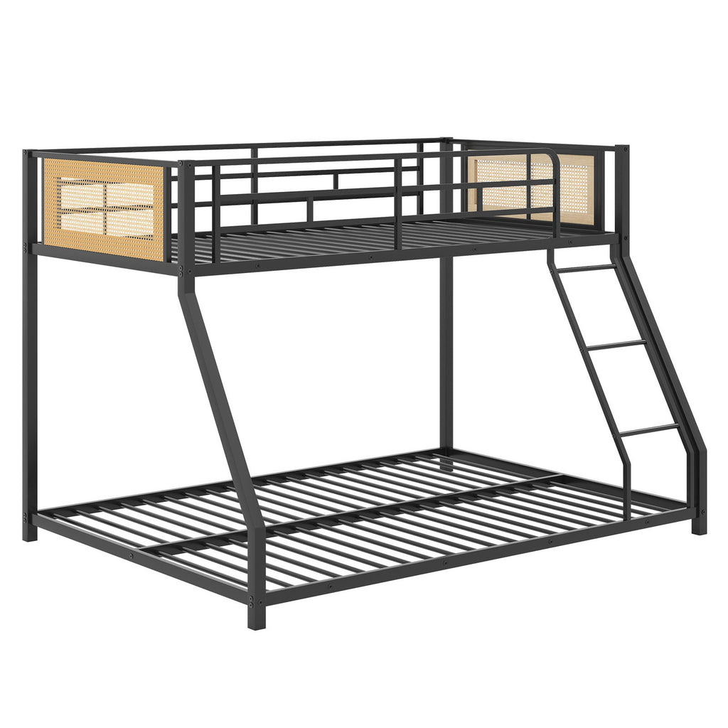 Metal Bunk Bed Twin Over Full with Full Length Safety Guardrail and Ramp Ladder