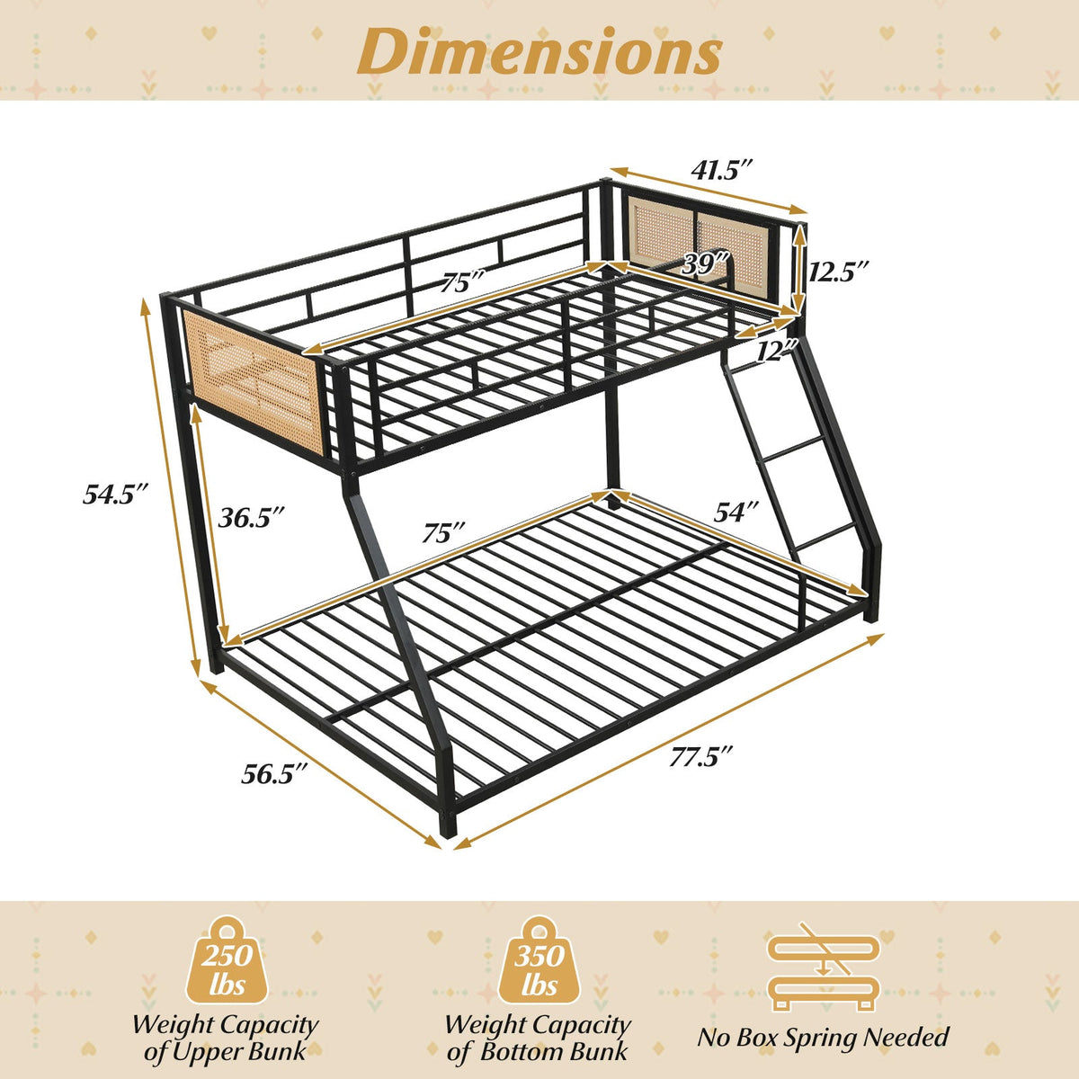 Metal Bunk Bed Twin Over Full with Full Length Safety Guardrail and Ramp Ladder
