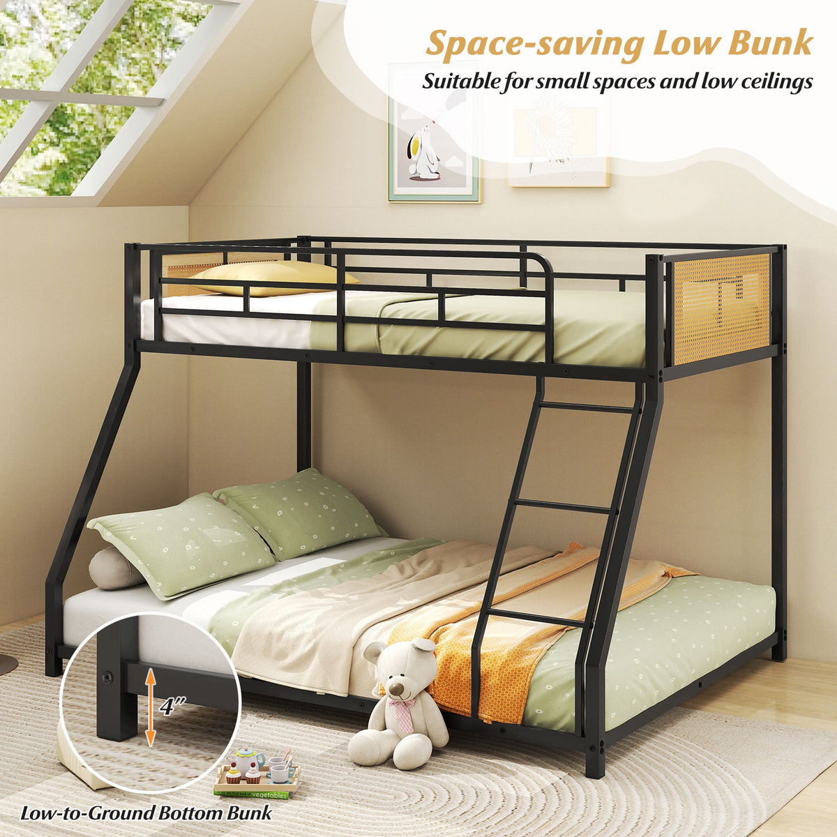Metal Bunk Bed Twin Over Full with Full Length Safety Guardrail and Ramp Ladder