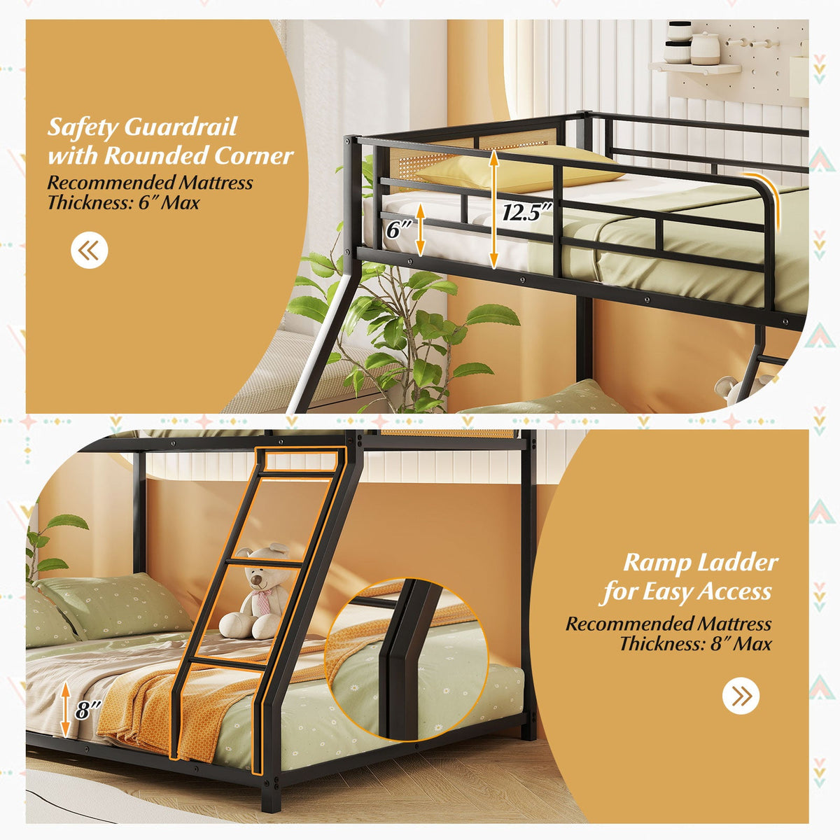 Metal Bunk Bed Twin Over Full with Full Length Safety Guardrail and Ramp Ladder