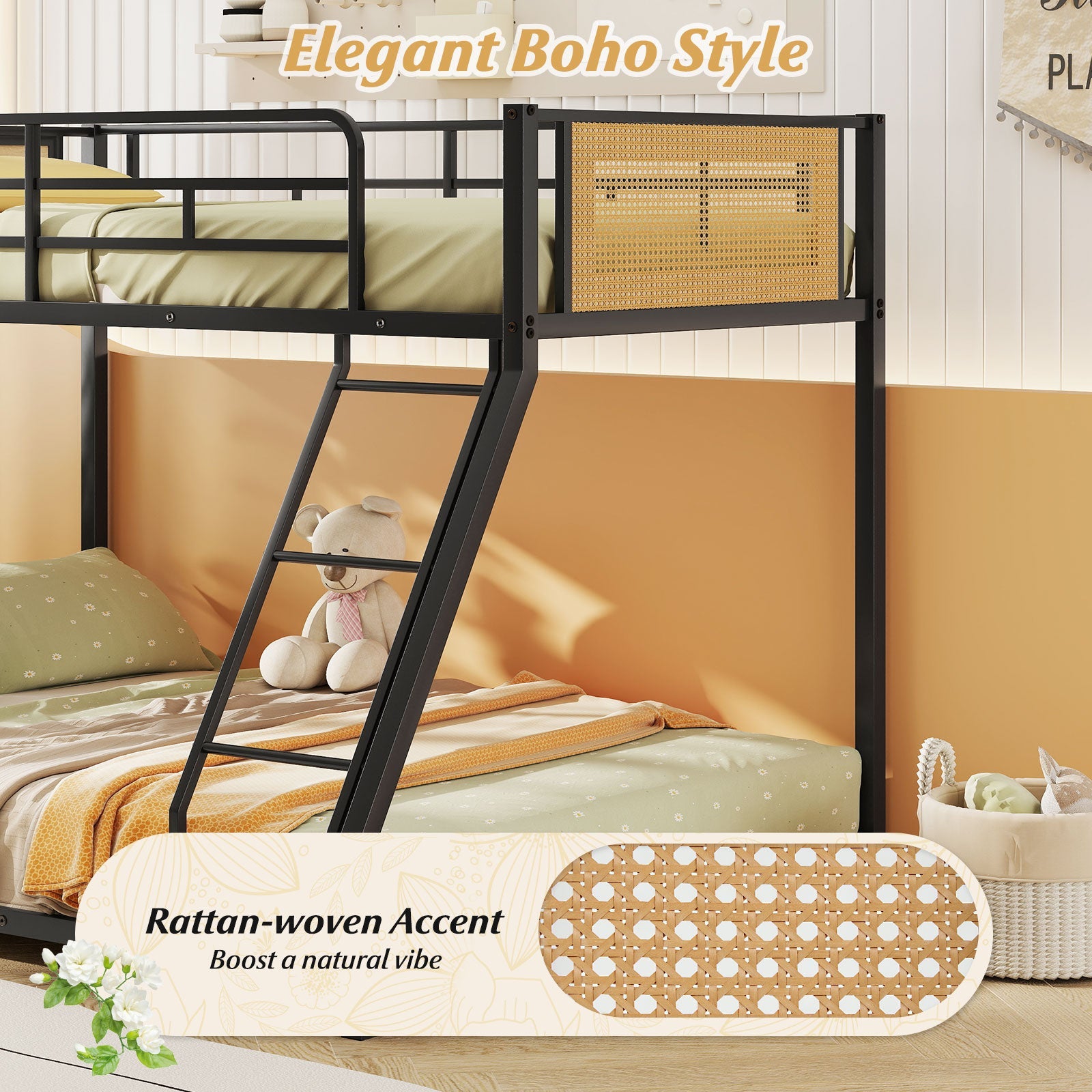 Metal Bunk Bed Twin Over Full with Full Length Safety Guardrail and Ramp Ladder