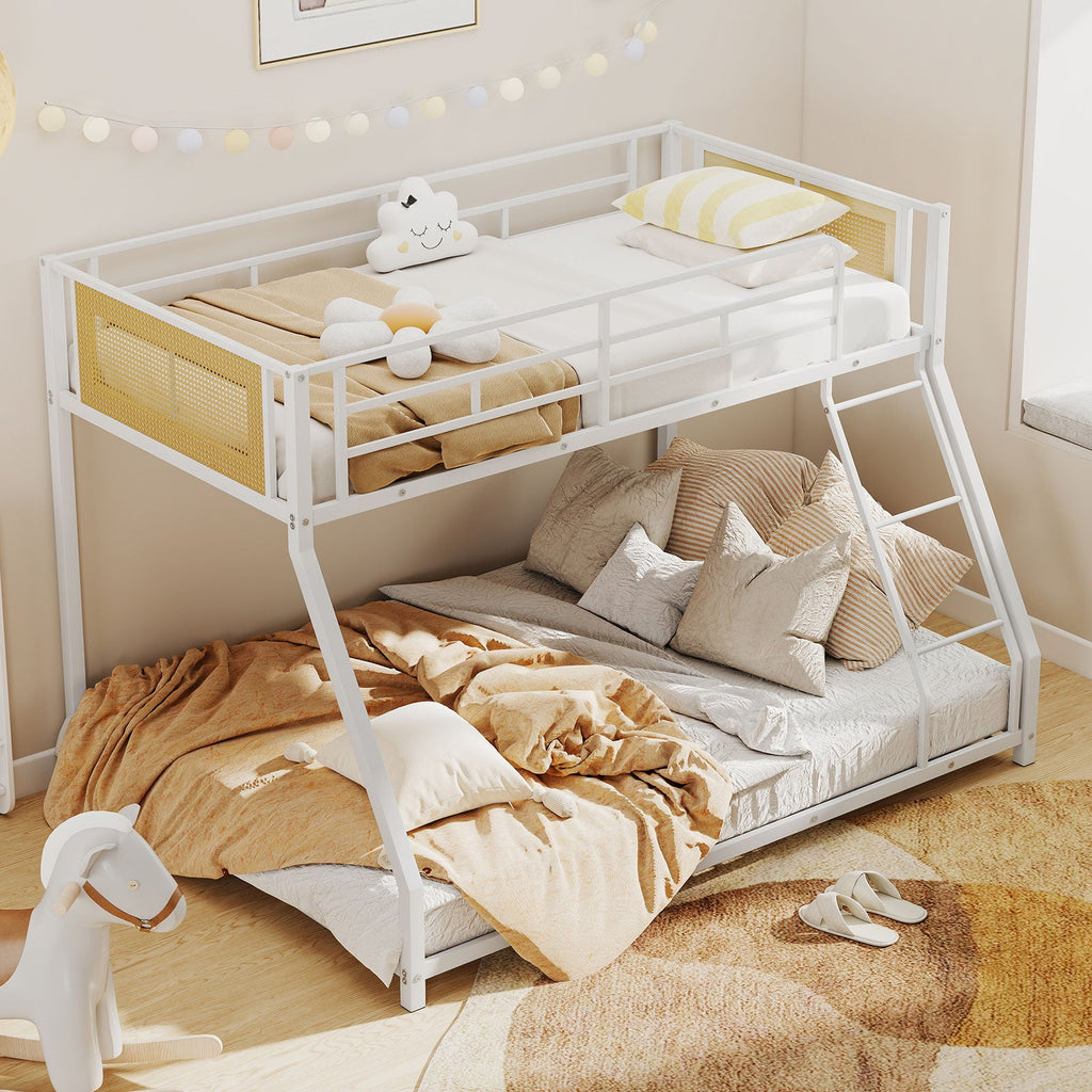Metal Bunk Bed Twin Over Full with Full Length Safety Guardrail and Ramp Ladder