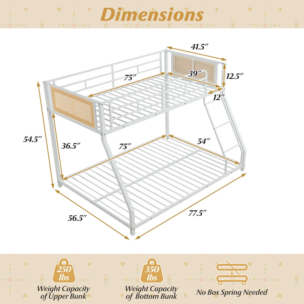 Metal Bunk Bed Twin Over Full with Full Length Safety Guardrail and Ramp Ladder