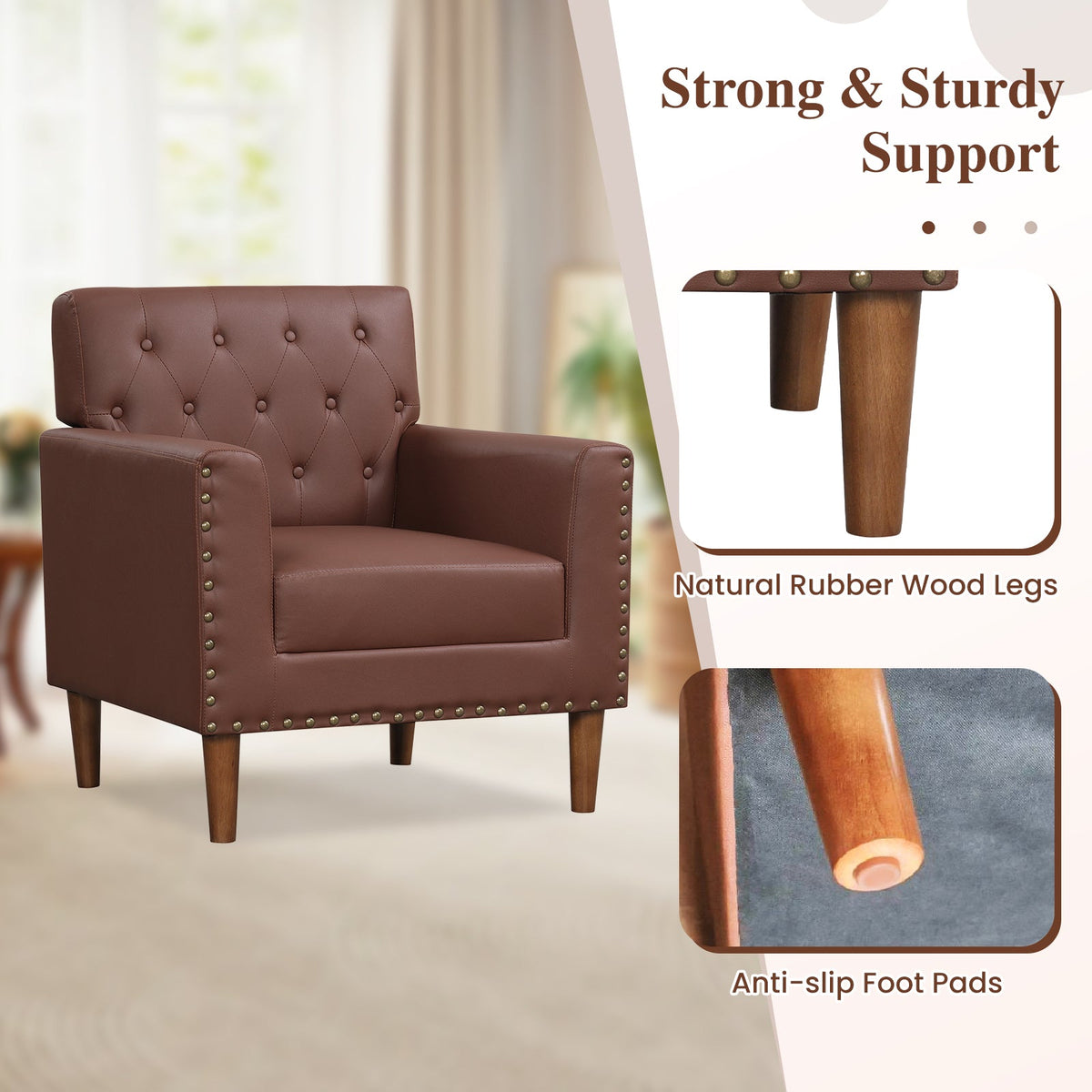 Mid Century Modern Accent Chair with Button Tufted Decoration and Rivets