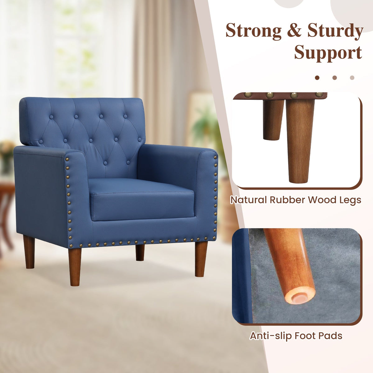 Mid Century Modern Accent Chair with Button Tufted Decoration and Rivets
