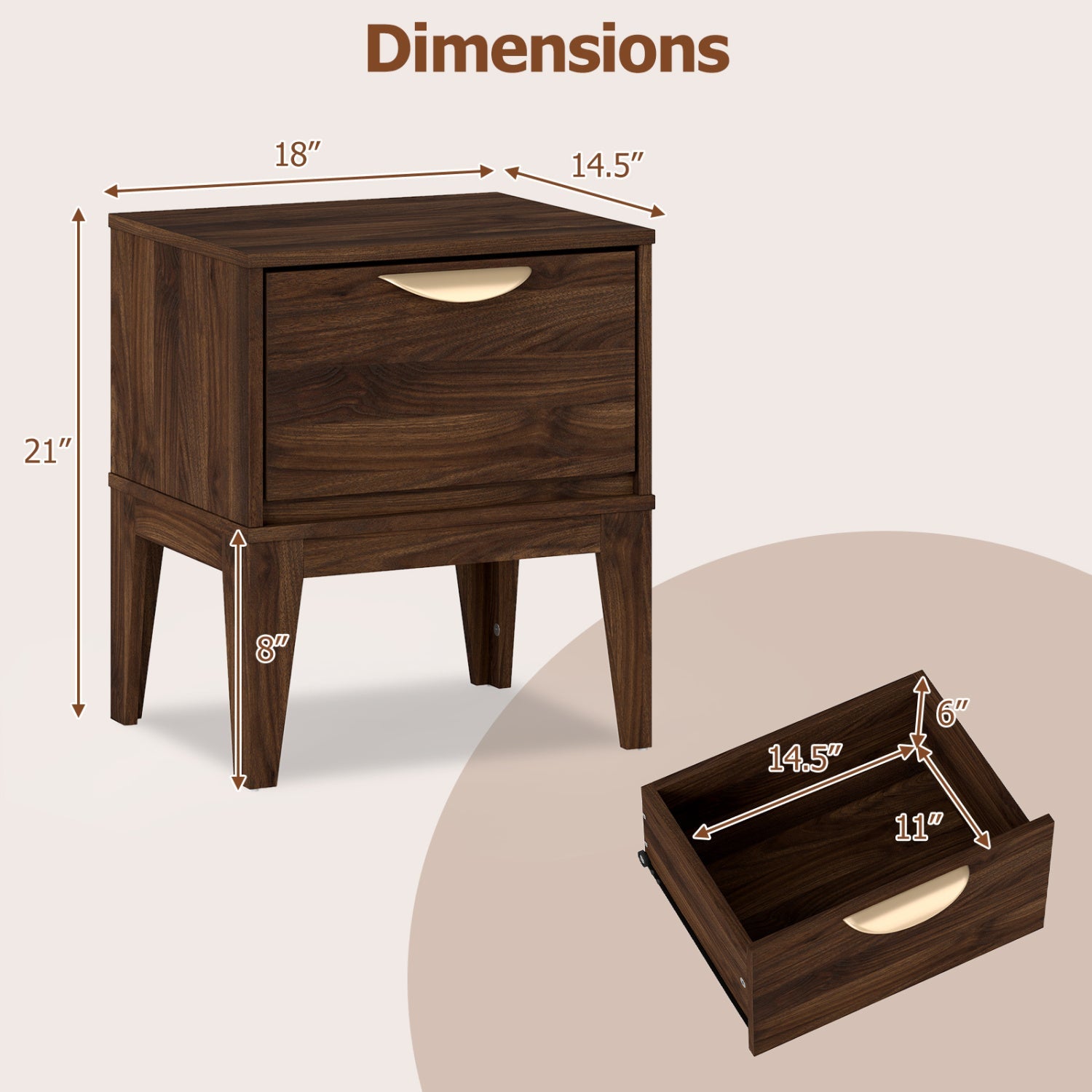 Mid Century Modern Bedside Table with Drawer and Tapered Support Feet for Bedroom