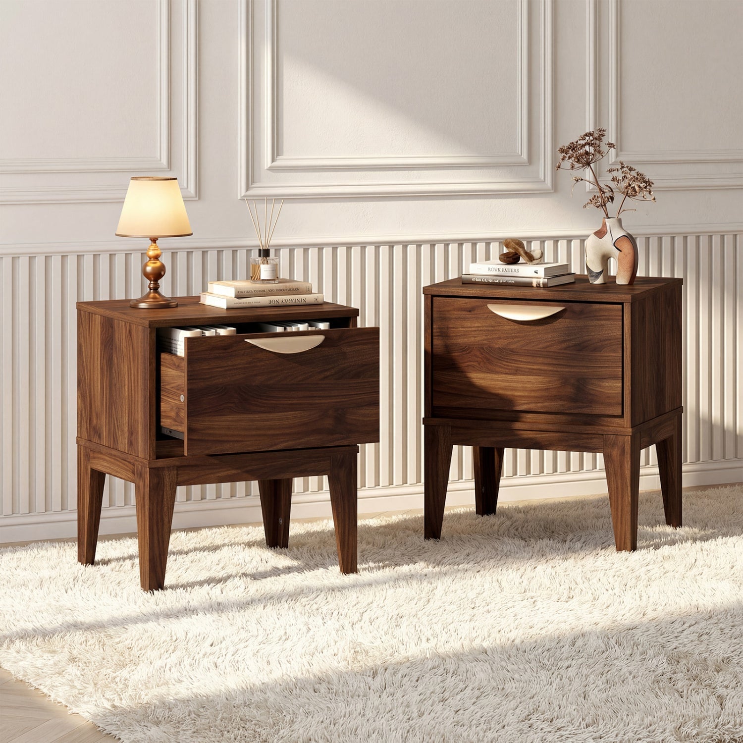 Mid Century Modern Bedside Table with Drawer and Tapered Support Feet for Bedroom