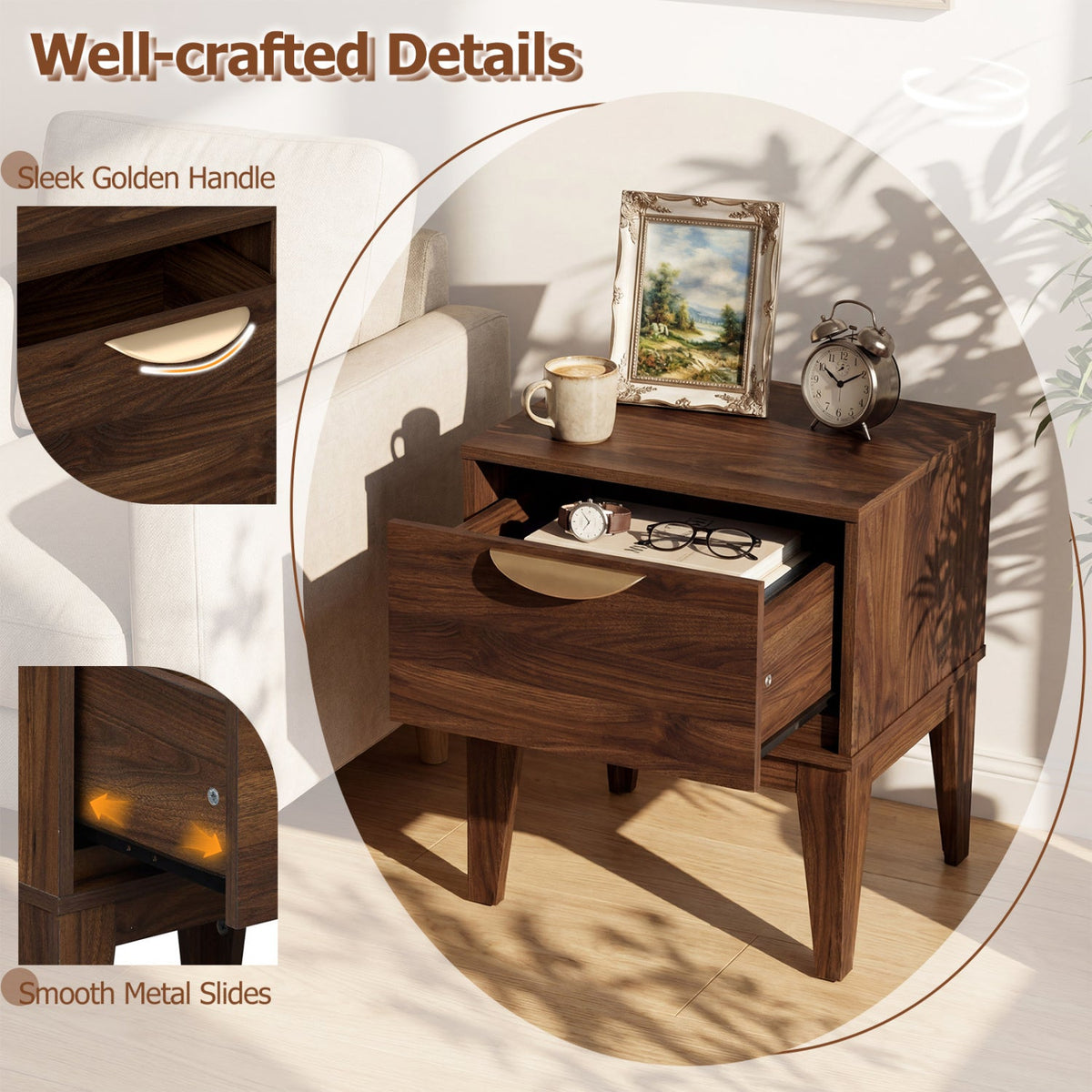 Mid Century Modern Bedside Table with Drawer and Tapered Support Feet for Bedroom
