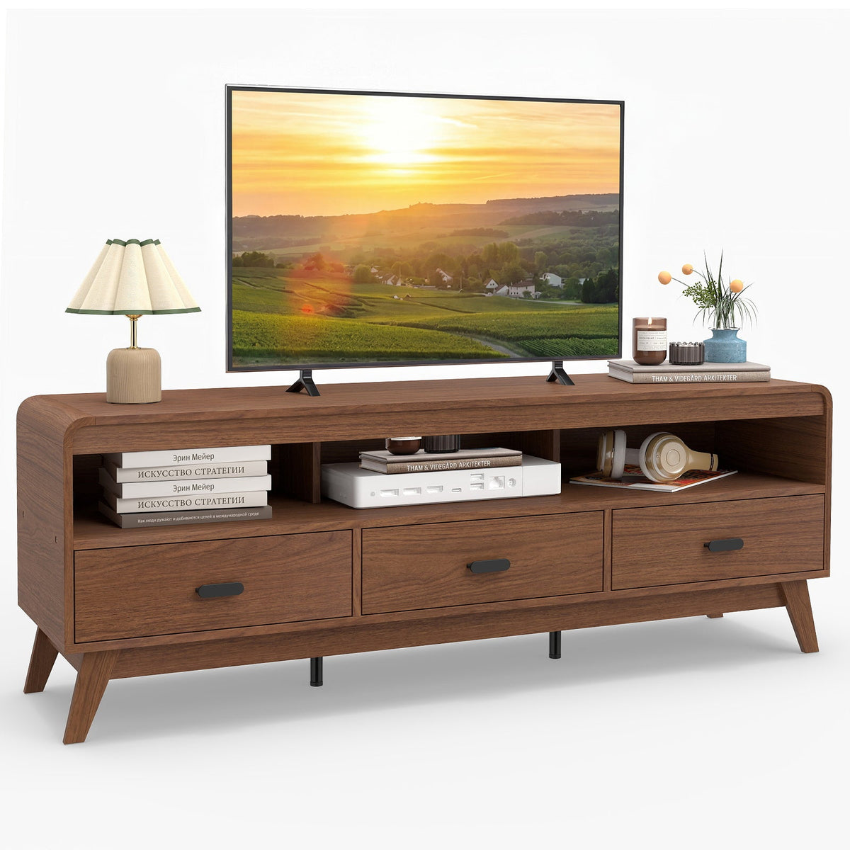 Mid Century Modern TV Stand for TVs up to 70" with 3 Storage Drawers and Open Shelves-Walnut