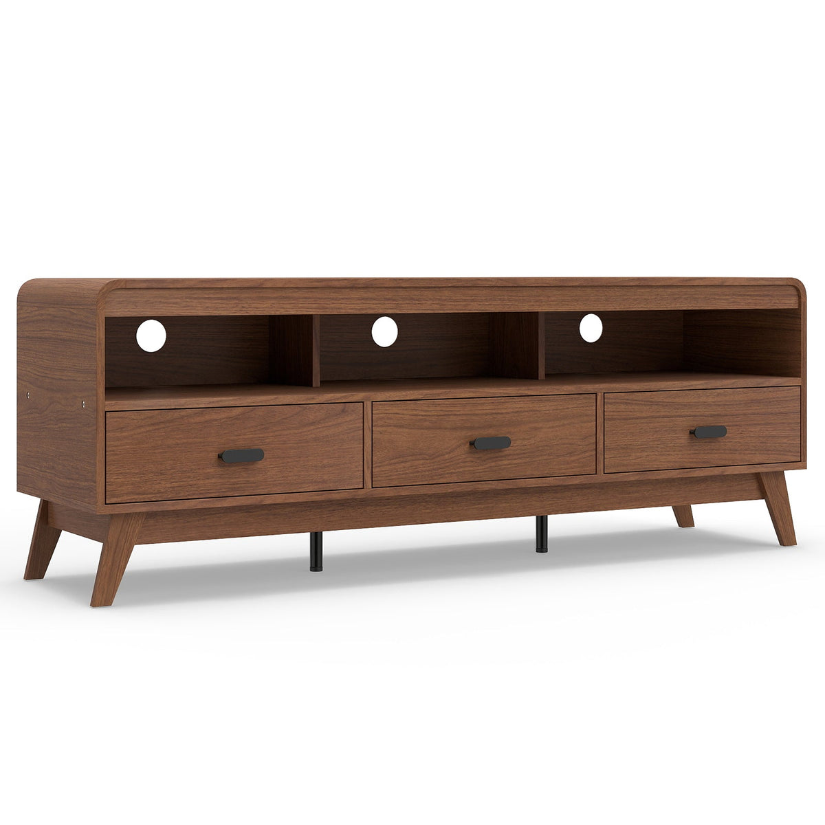 Mid Century Modern TV Stand for TVs up to 70" with 3 Storage Drawers and Open Shelves-Walnut