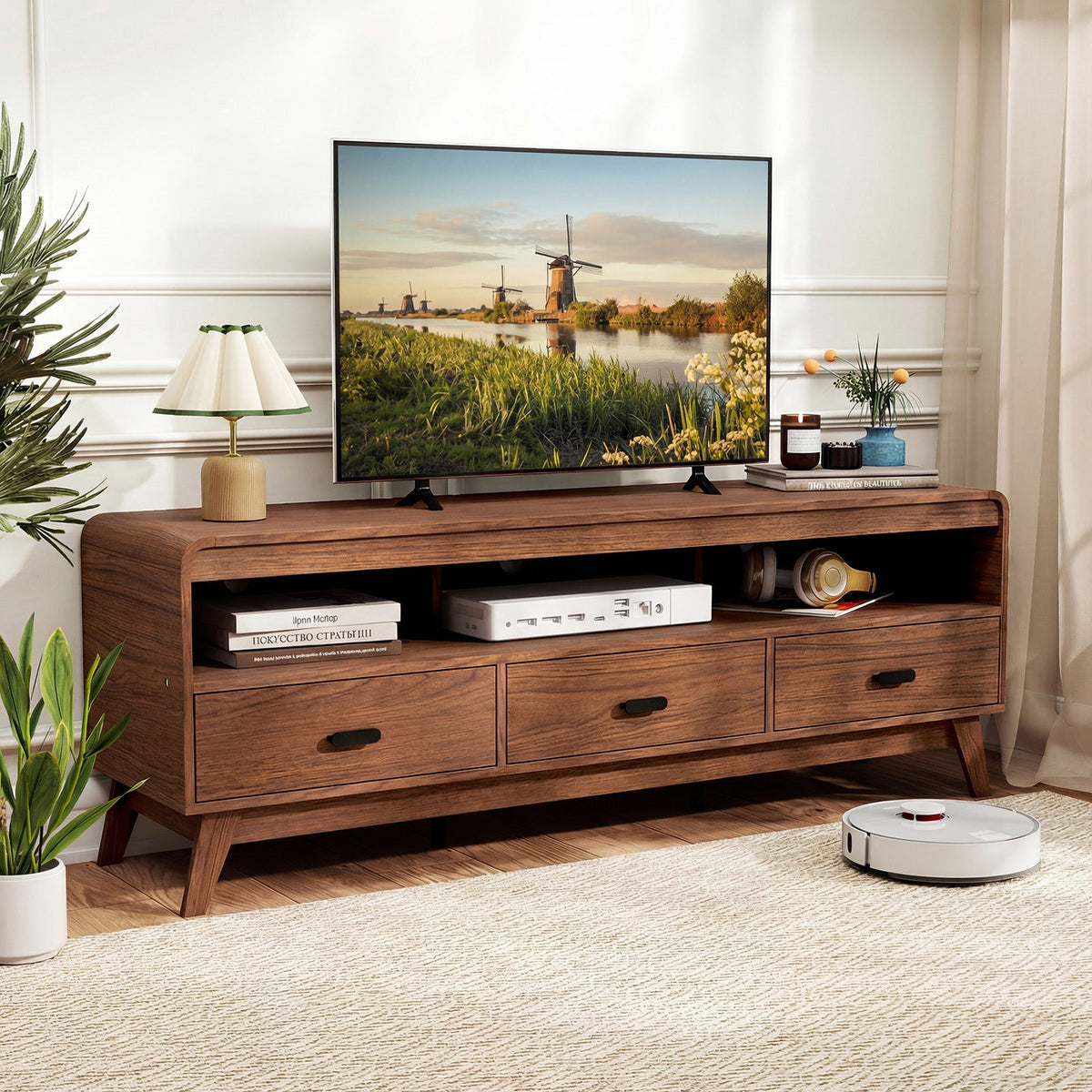 Mid Century Modern TV Stand for TVs up to 70" with 3 Storage Drawers and Open Shelves-Walnut