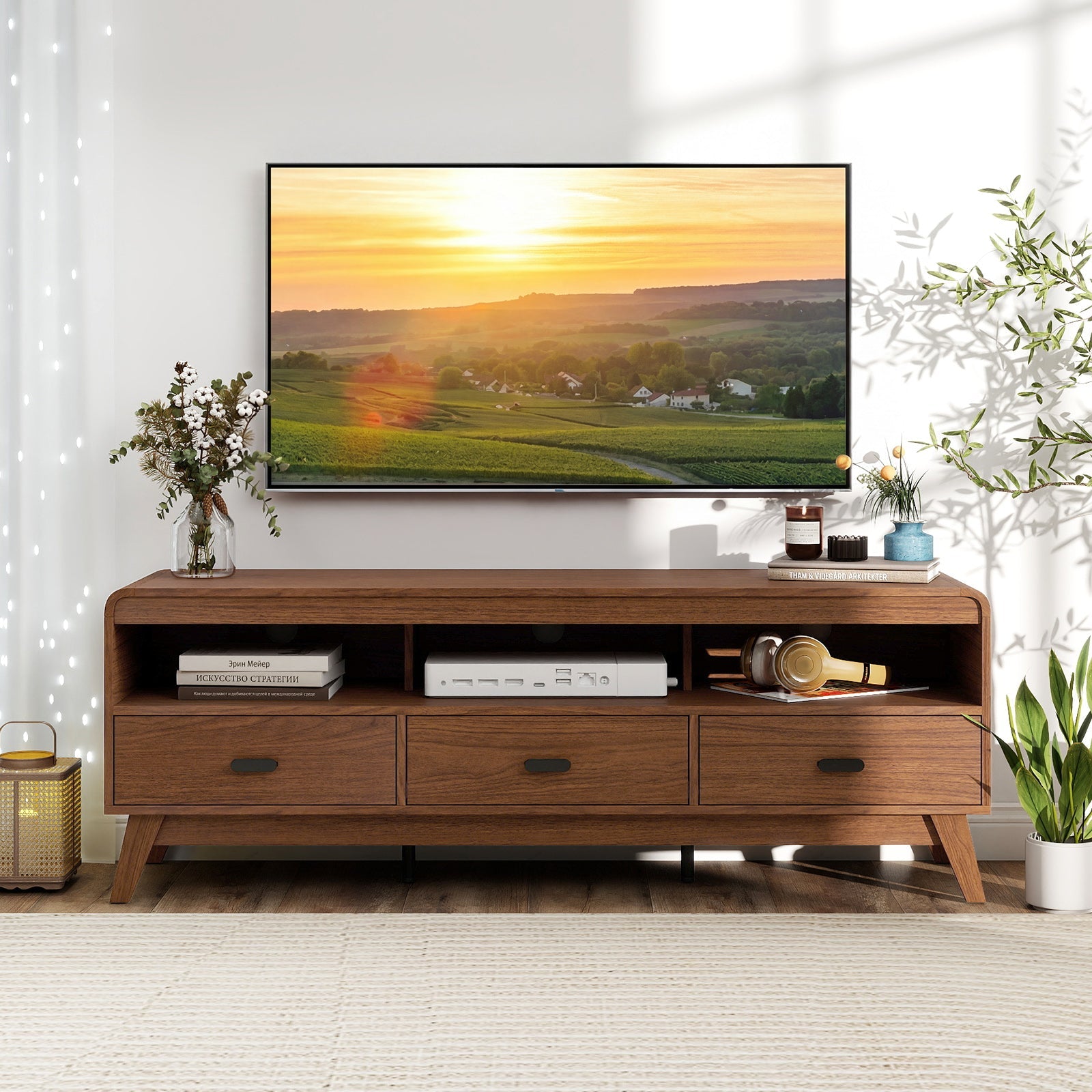 Mid Century Modern TV Stand for TVs up to 70" with 3 Storage Drawers and Open Shelves-Walnut