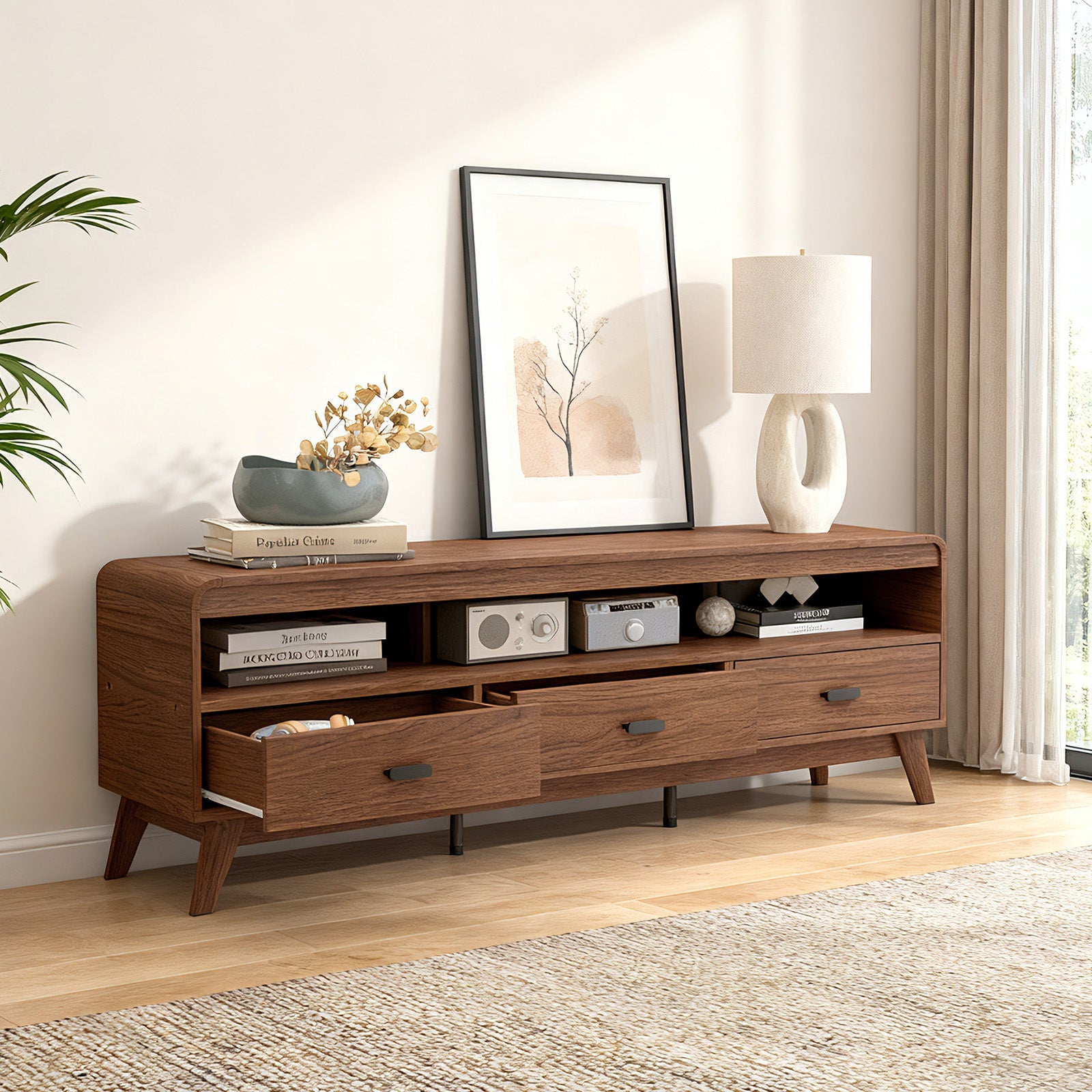 Mid Century Modern TV Stand for TVs up to 70" with 3 Storage Drawers and Open Shelves-Walnut