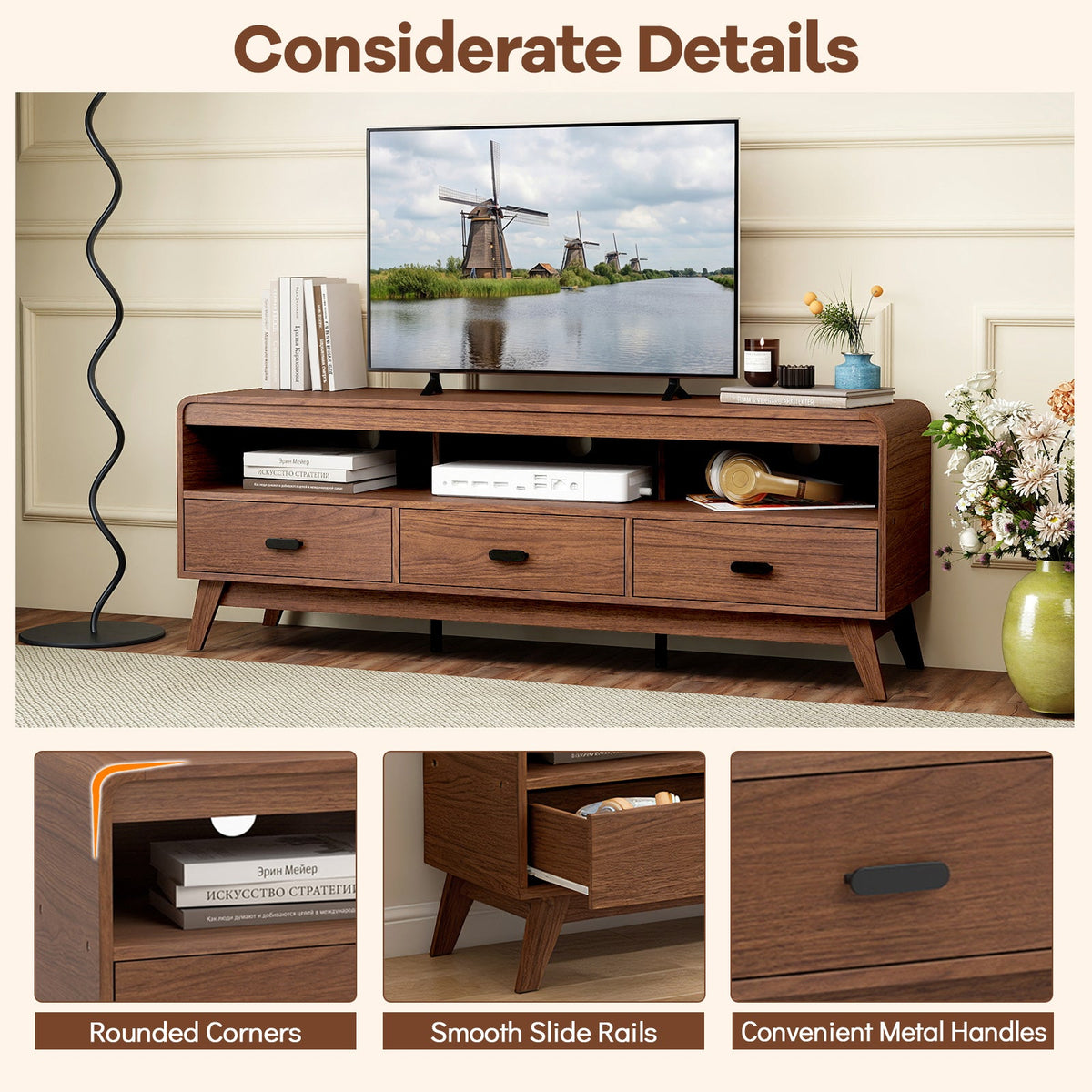 Mid Century Modern TV Stand for TVs up to 70" with 3 Storage Drawers and Open Shelves-Walnut