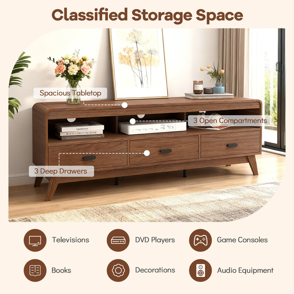 Mid Century Modern TV Stand for TVs up to 70" with 3 Storage Drawers and Open Shelves-Walnut