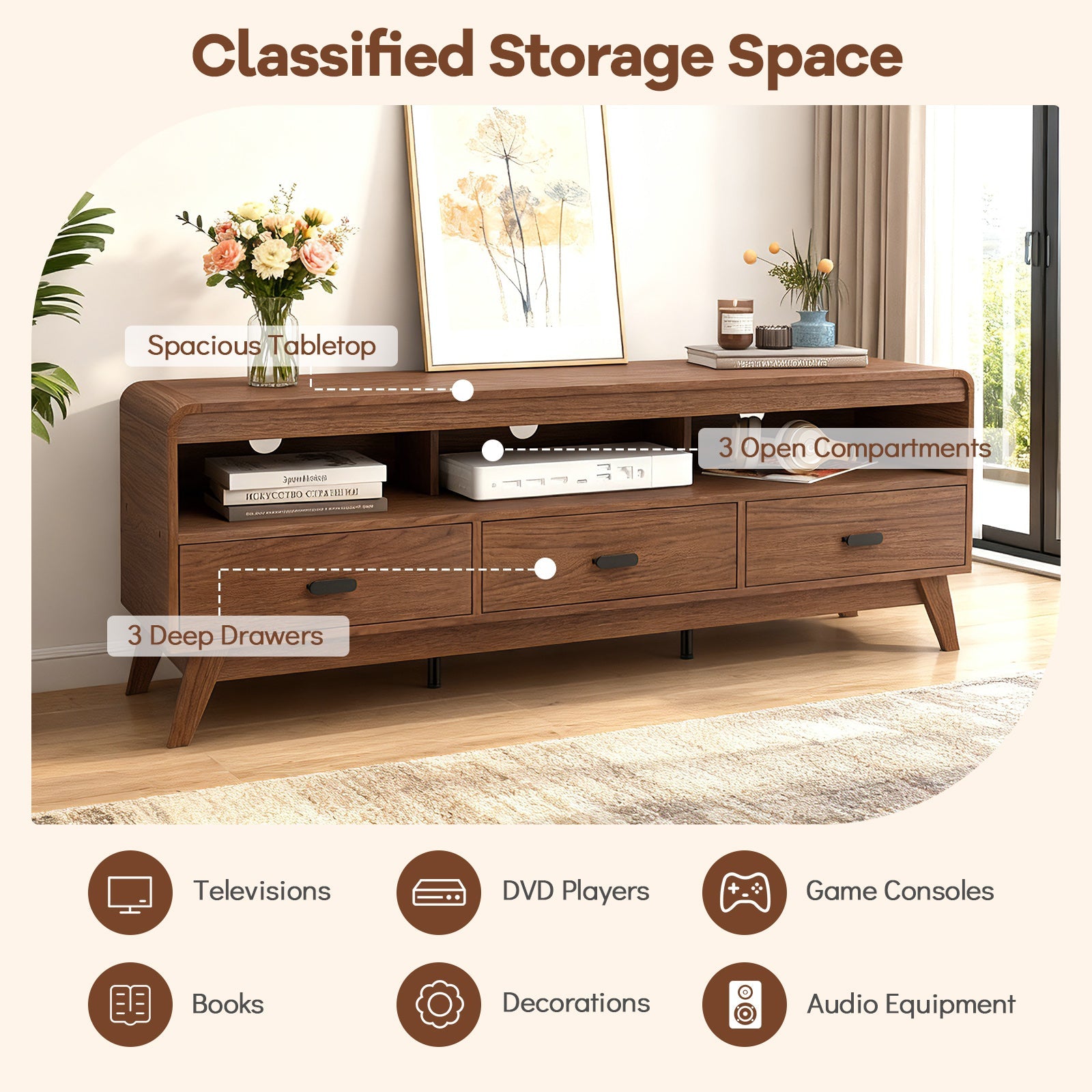 Mid Century Modern TV Stand for TVs up to 70" with 3 Storage Drawers and Open Shelves-Walnut