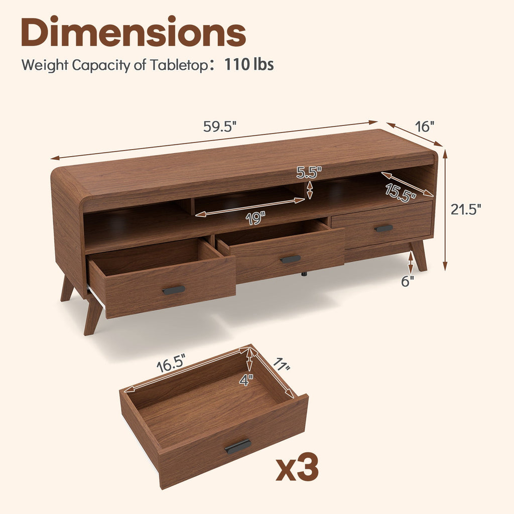 Mid Century Modern TV Stand for TVs up to 70" with 3 Storage Drawers and Open Shelves-Walnut