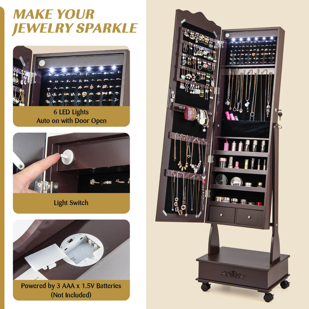 Rolling Floor Standing Mirrored Jewelry Armoire with Lock and Drawers
