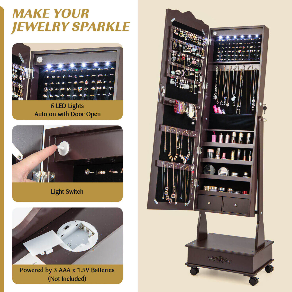 Rolling Floor Standing Mirrored Jewelry Armoire with Lock and Drawers