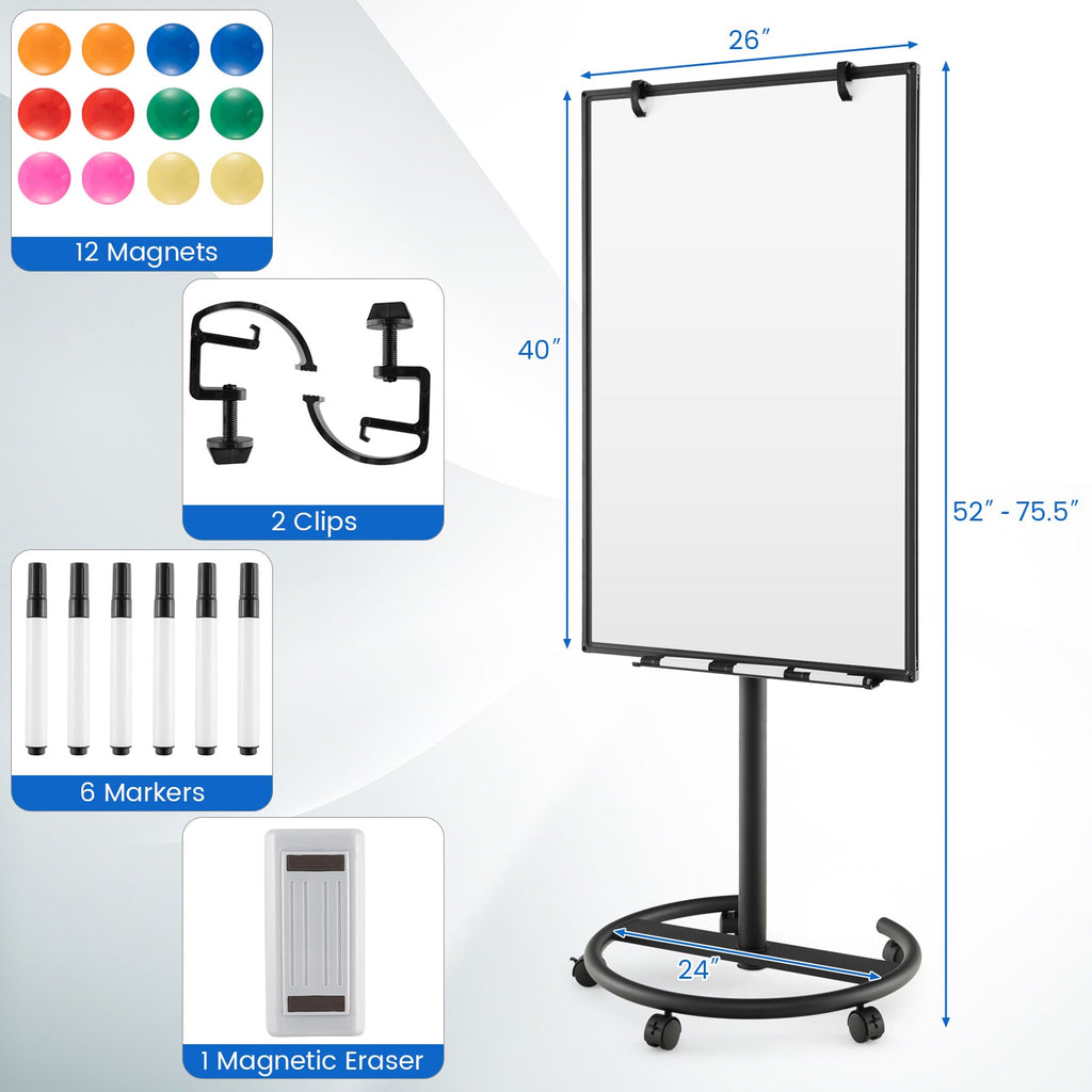 Height-Adjustable Mobile Whiteboard with Round Stand Paper Clips