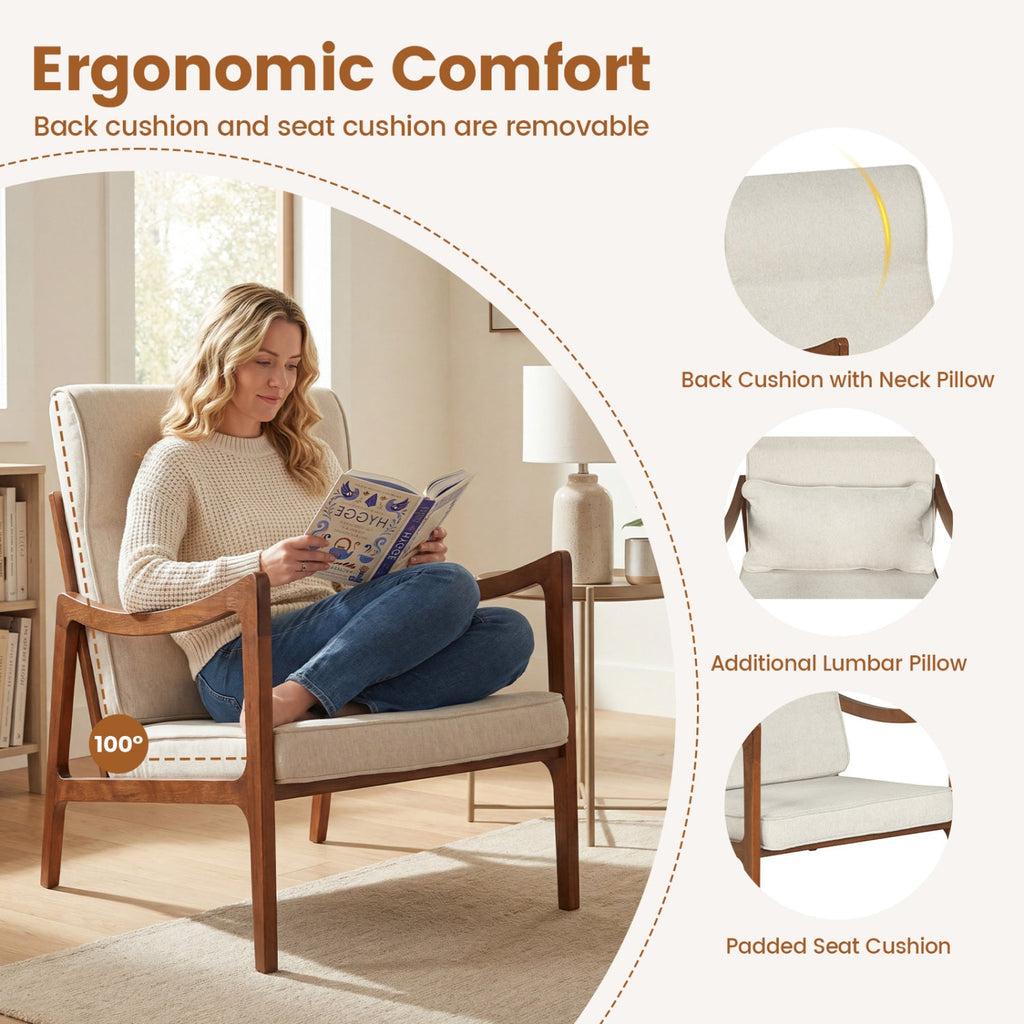Modern Accent Chair with Solid Rubber Wood Faux Leather Upholstered Armchair